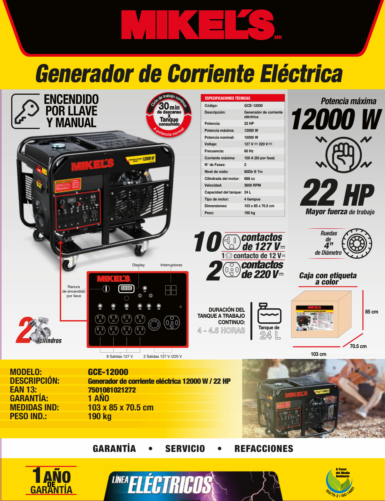 MIKELS GCE-12000 Generador de corriente eléctrica motor 4 tiempos (12,000 W / 22 HP) - Imagen 4