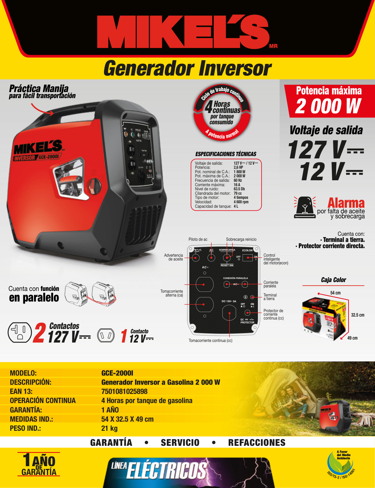 MIKELS GCE-2000I Generador inversor a gasolina (2,000 W) - Imagen 2