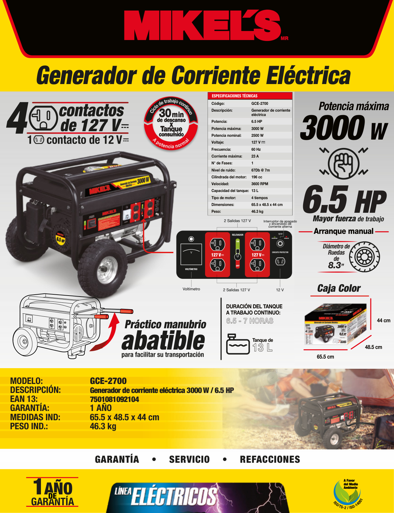 MIKELS GCE-2700 Generador de corriente eléctrica motor 4 tiempos (3,000 W / 6.5 HP) - Imagen 2