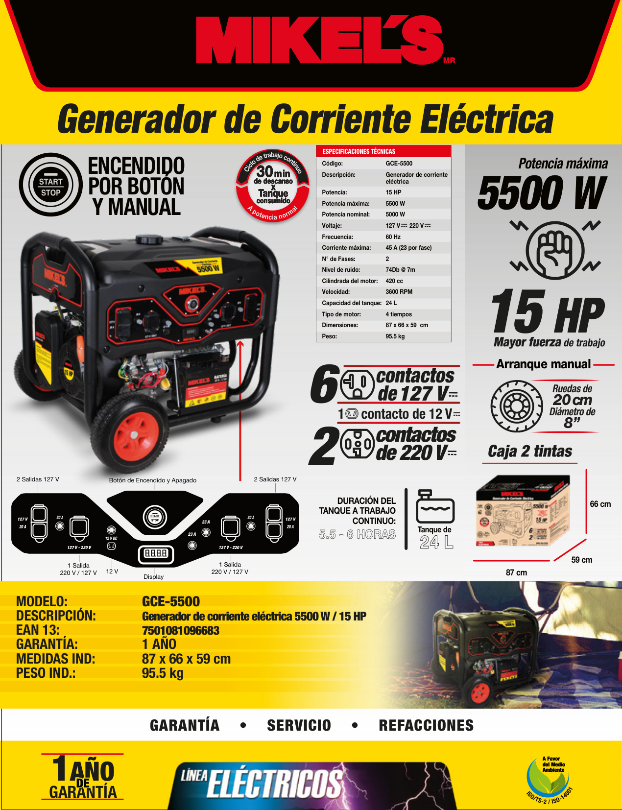 MIKELS GCE-5500 Generador de corriente eléctrica motor 4 tiempos (5,500 W / 15 HP) - Imagen 4