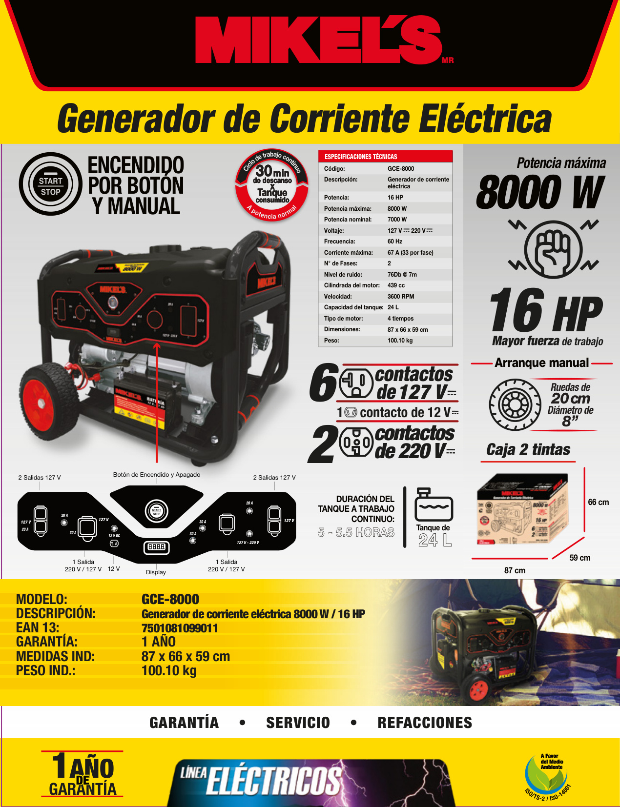 MIKELS GCE-8000 Generador de corriente eléctrica motor 4 tiempos (8,000 W / 15 HP) - Imagen 4