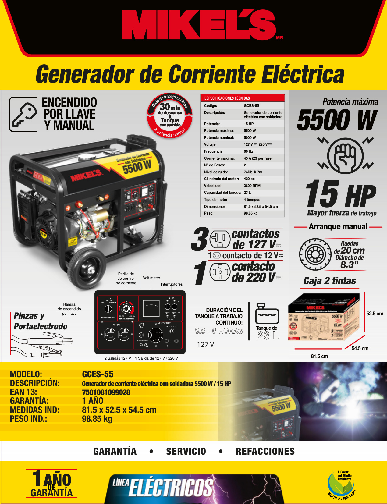 MIKELS GCES-55 Generador de corriente eléctrica motor 4 tiempos con soldadora (5,500 W / 15 HP) - Imagen 2