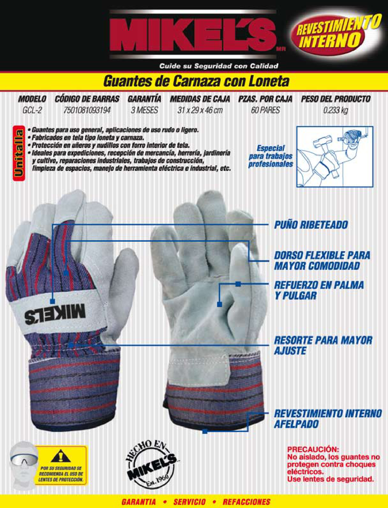 MIKELS GCL-2 Guantes para trabajo de carnaza con loneta - Imagen 4
