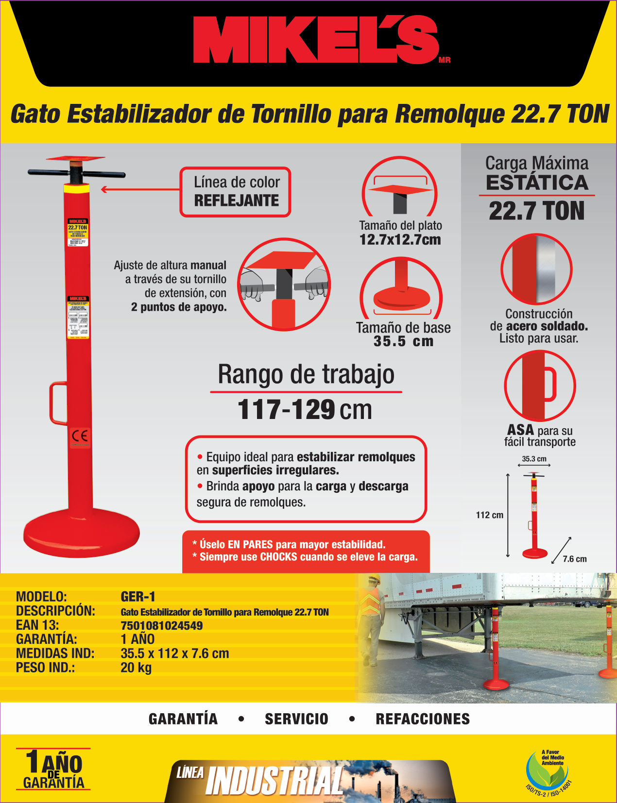 MIKELS GER-1 Gato estabilizador de tornillo para remolque (22.7 ton) - Imagen 4