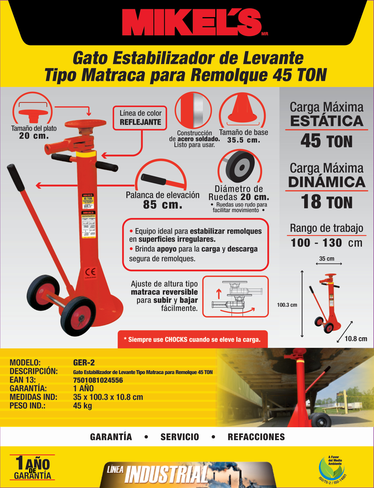 MIKELS GER-2 Gato estabilizador de levante tipo matraca para remolque (45 ton) - Imagen 4