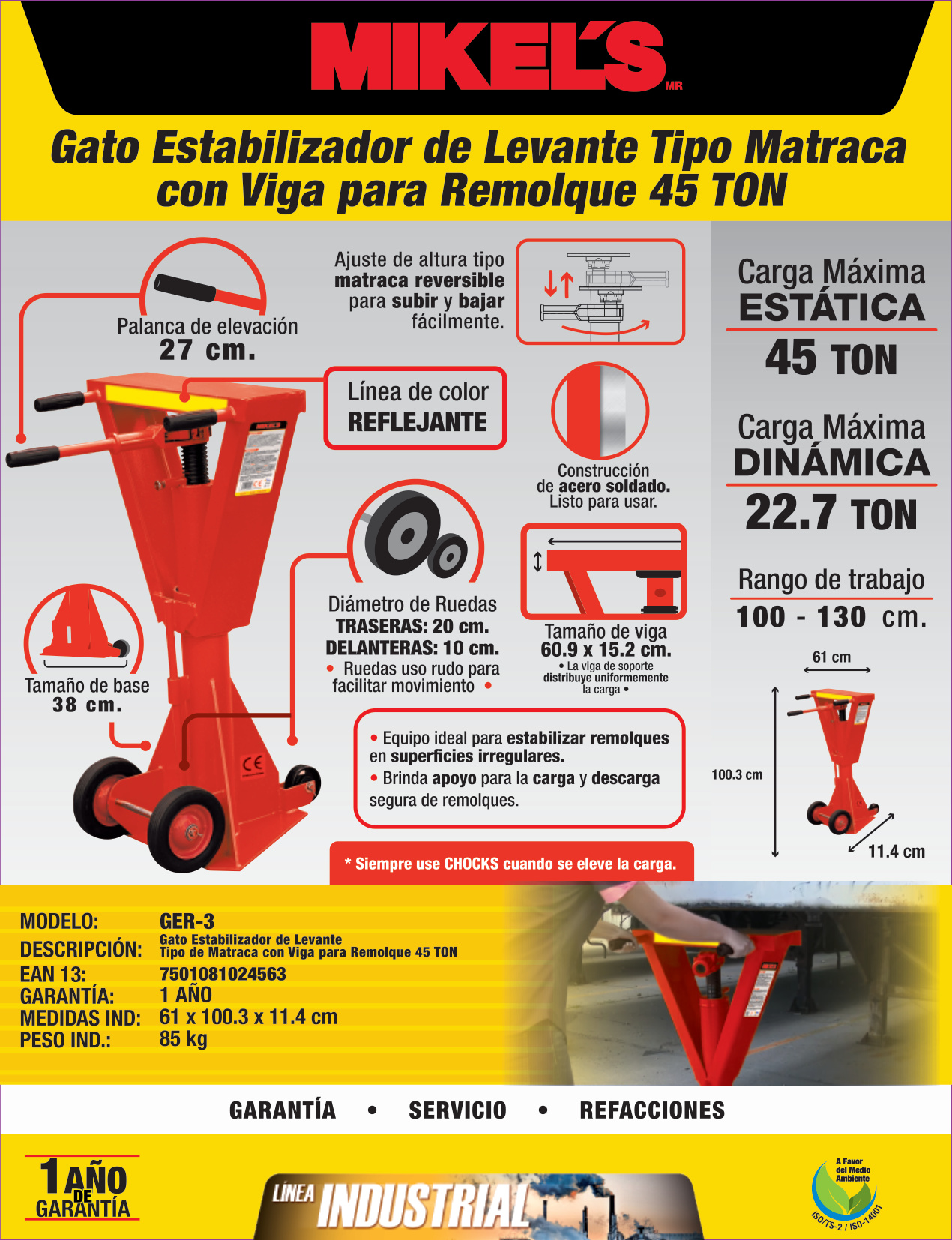 MIKELS GER-3 Gato estabilizador de levante tipo matraca con viga para remolque (45 ton) - Imagen 4