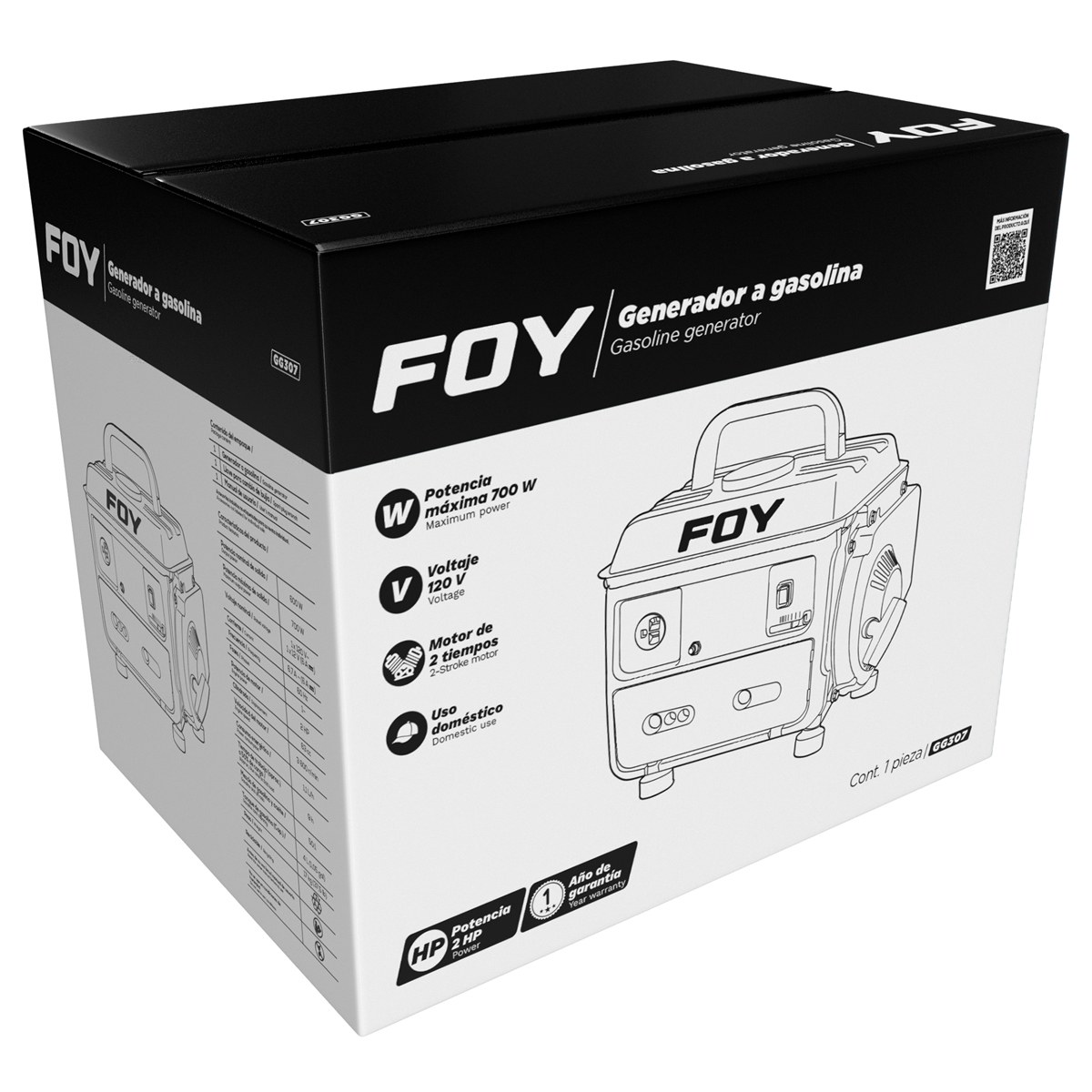 Generador a gasolina 700 W, 63 cc, voltaje de salida 120 V Foy - Imagen 2
