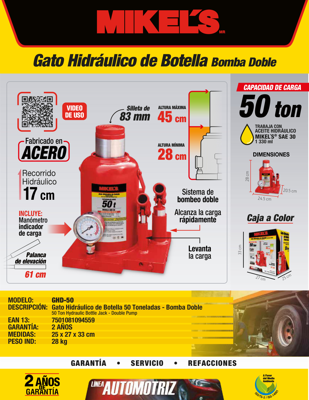 MIKELS GHD-50 Gato hidráulico de botella (50 ton, bomba de 2 velocidades) - Imagen 4