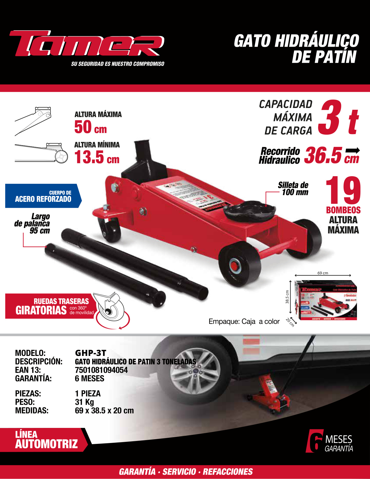 TAMER GHP-3T Gato hidráulico de patín (3 ton) - Imagen 4