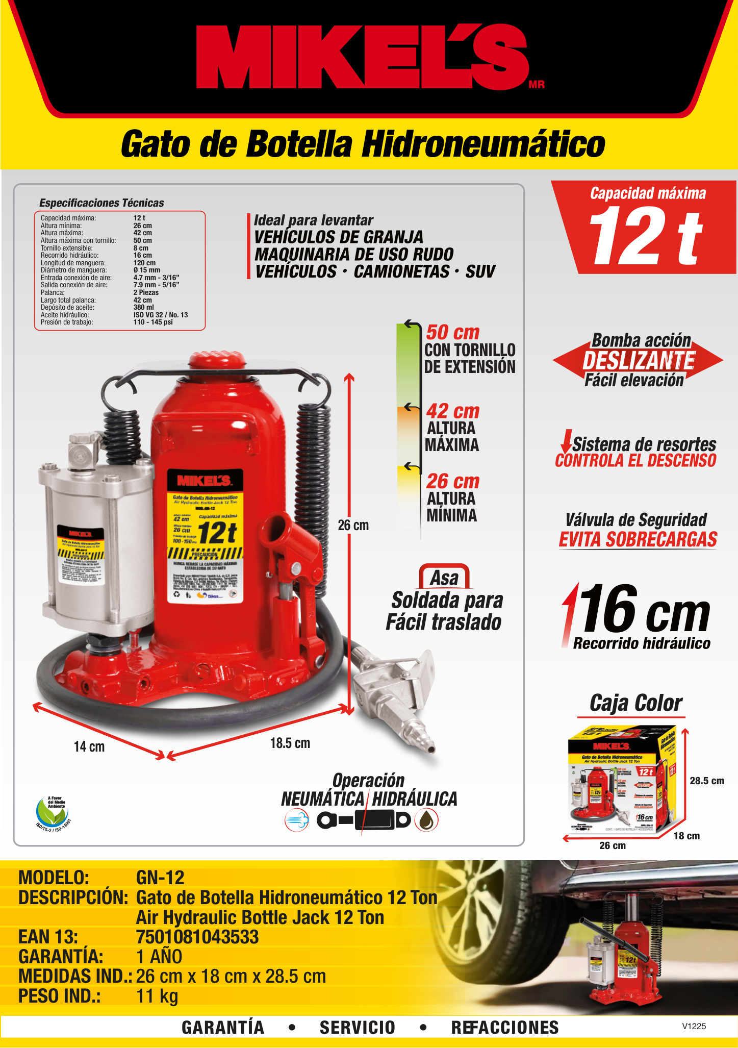 MIKELS GN-12 Gato hidroneumático de botella c/ tornillo extensión (12 ton) - Imagen 4