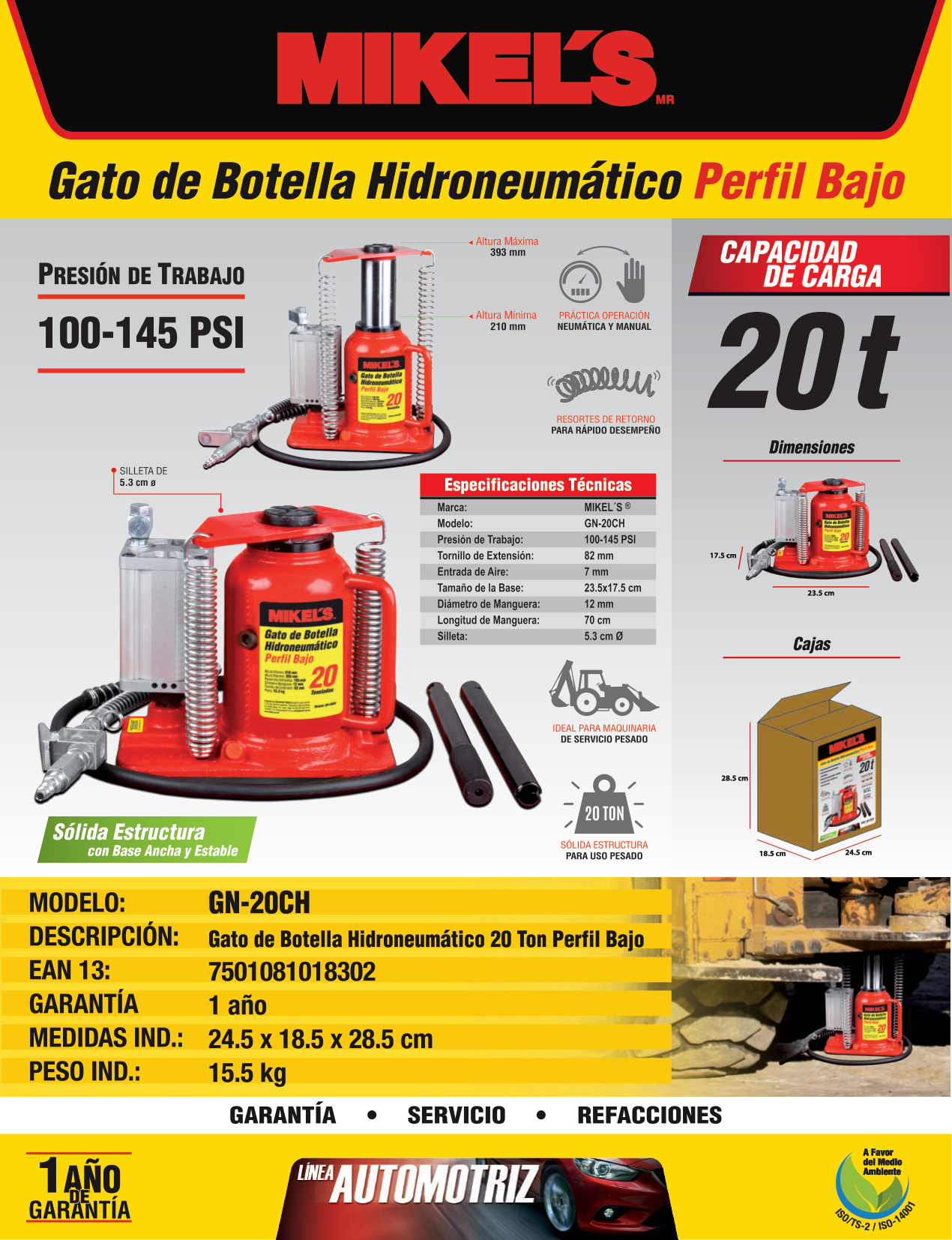 MIKELS GN-20CH Gato hidroneumático de botella de baja altura (20 ton) - Imagen 4