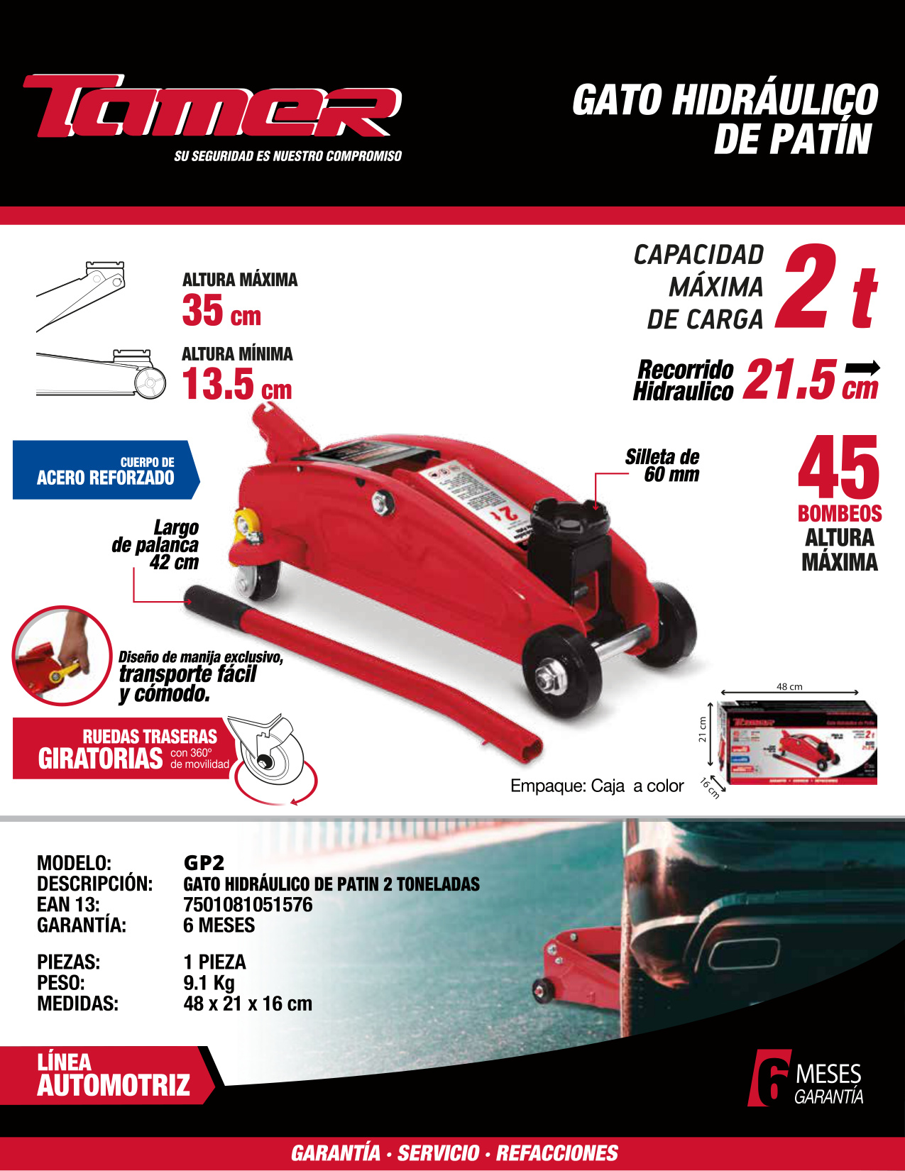 TAMER GP2 Gato hidráulico de patín (2 ton) - Imagen 4