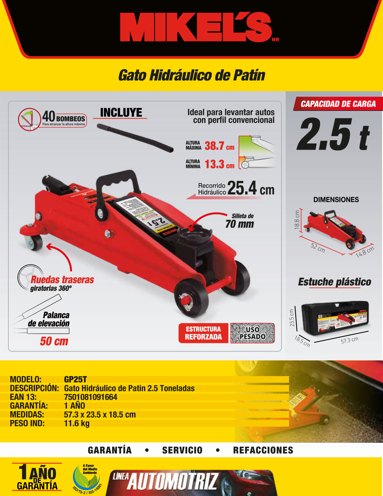 MIKELS GP25T Gato hidráulico de patín Premier (2.5 ton) - Imagen 4