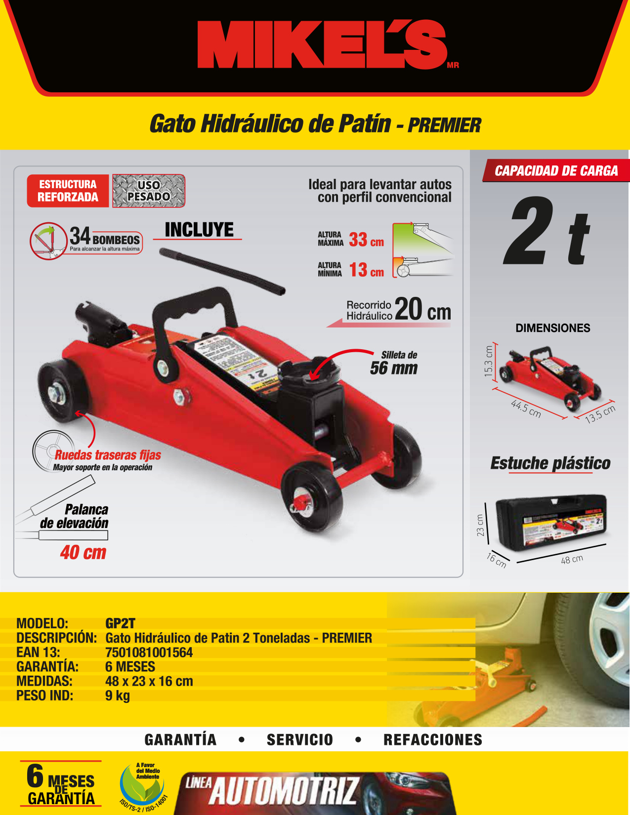 MIKELS GP2T Gato hidráulico de patín Premier (2 ton) - Imagen 4
