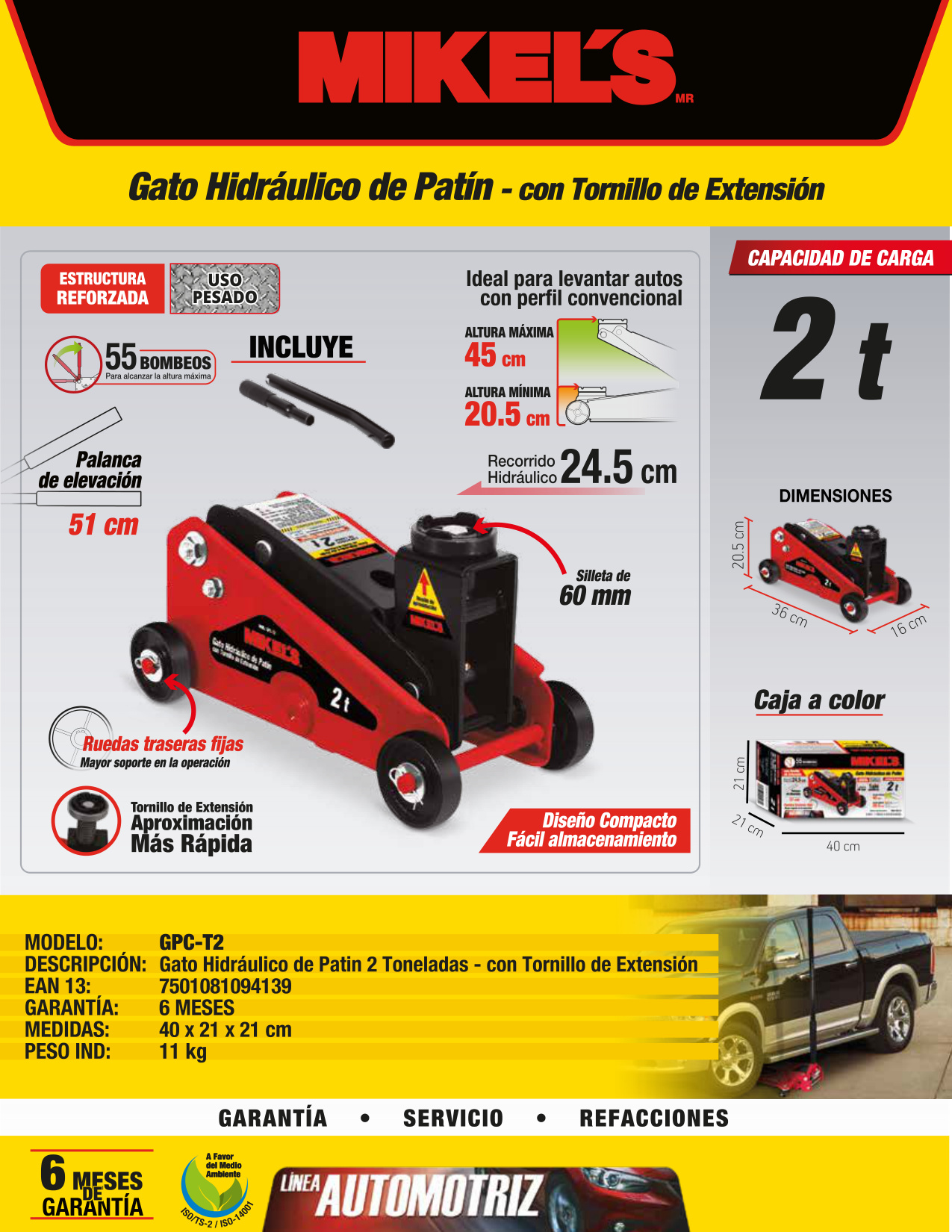 MIKELS GPC-T2 Gato hidráulico de patín compacto para SUV y Pick Ups (2 ton) - Imagen 4