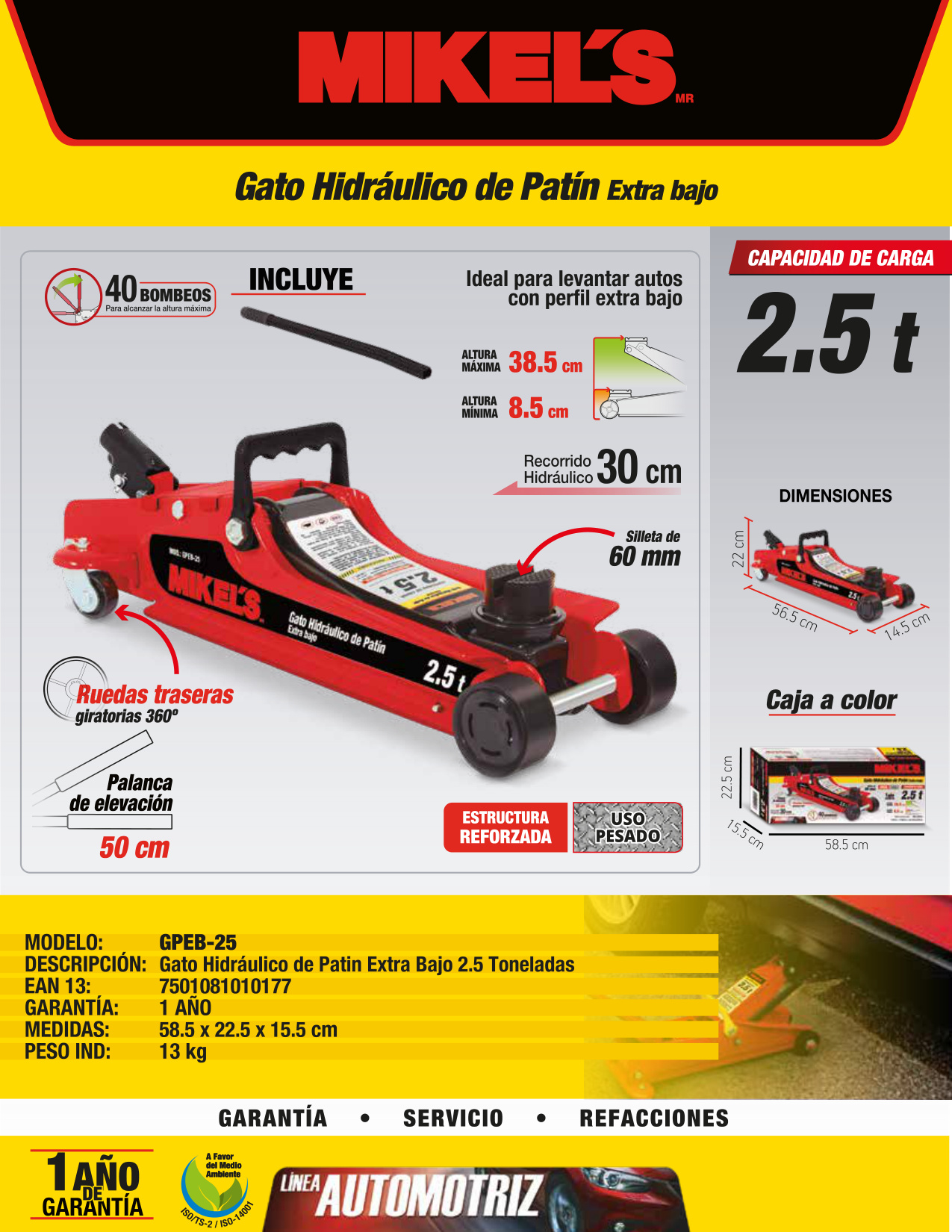 MIKELS GPEB-25 Gato hidráulico de patín Premier (2.5 ton) Extra Bajo - Imagen 4