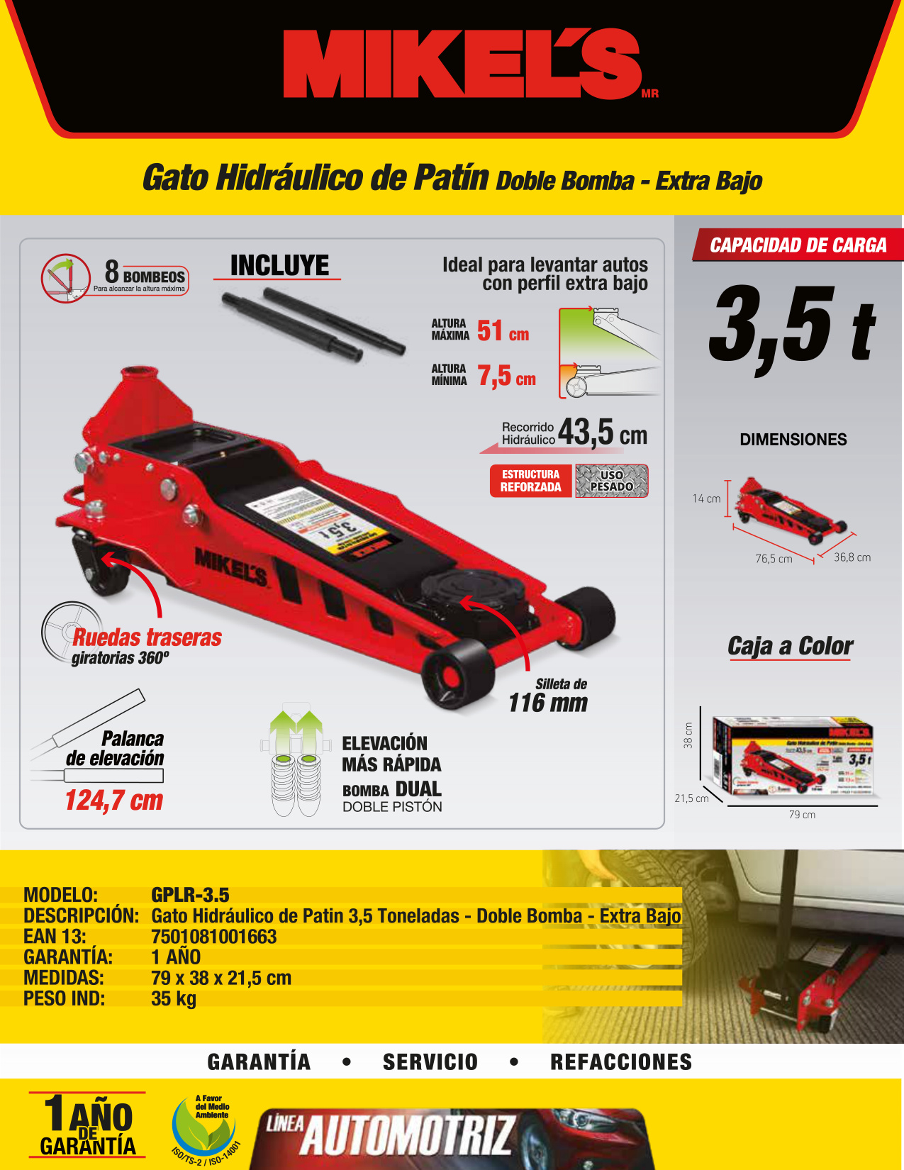 MIKELS GPLR-3.5 Gato hidráulico de patín Levante Rápido (3.5 ton) - Imagen 4