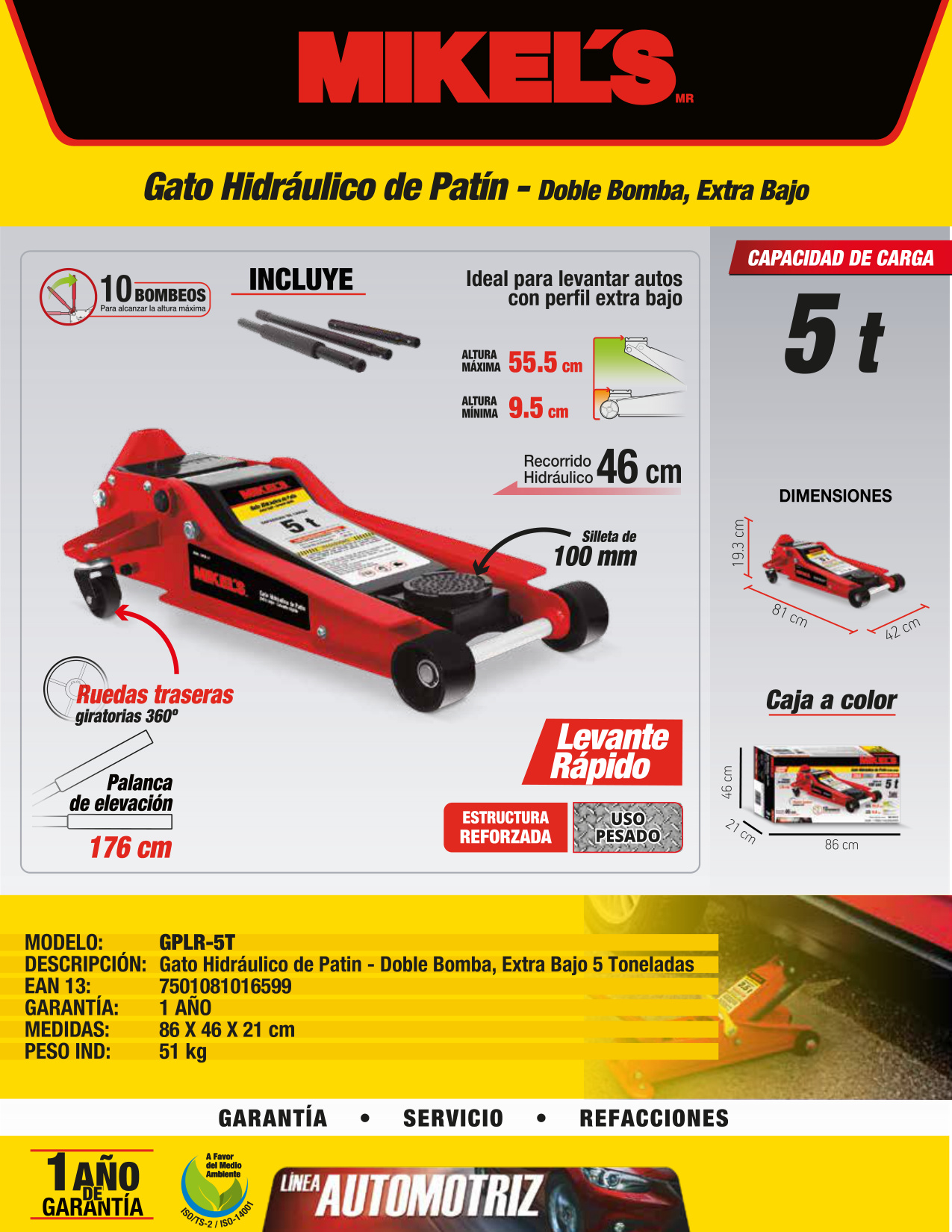 MIKELS GPLR-5T Gato hidráulico de patín Levante Rápido (5 ton) - Imagen 4