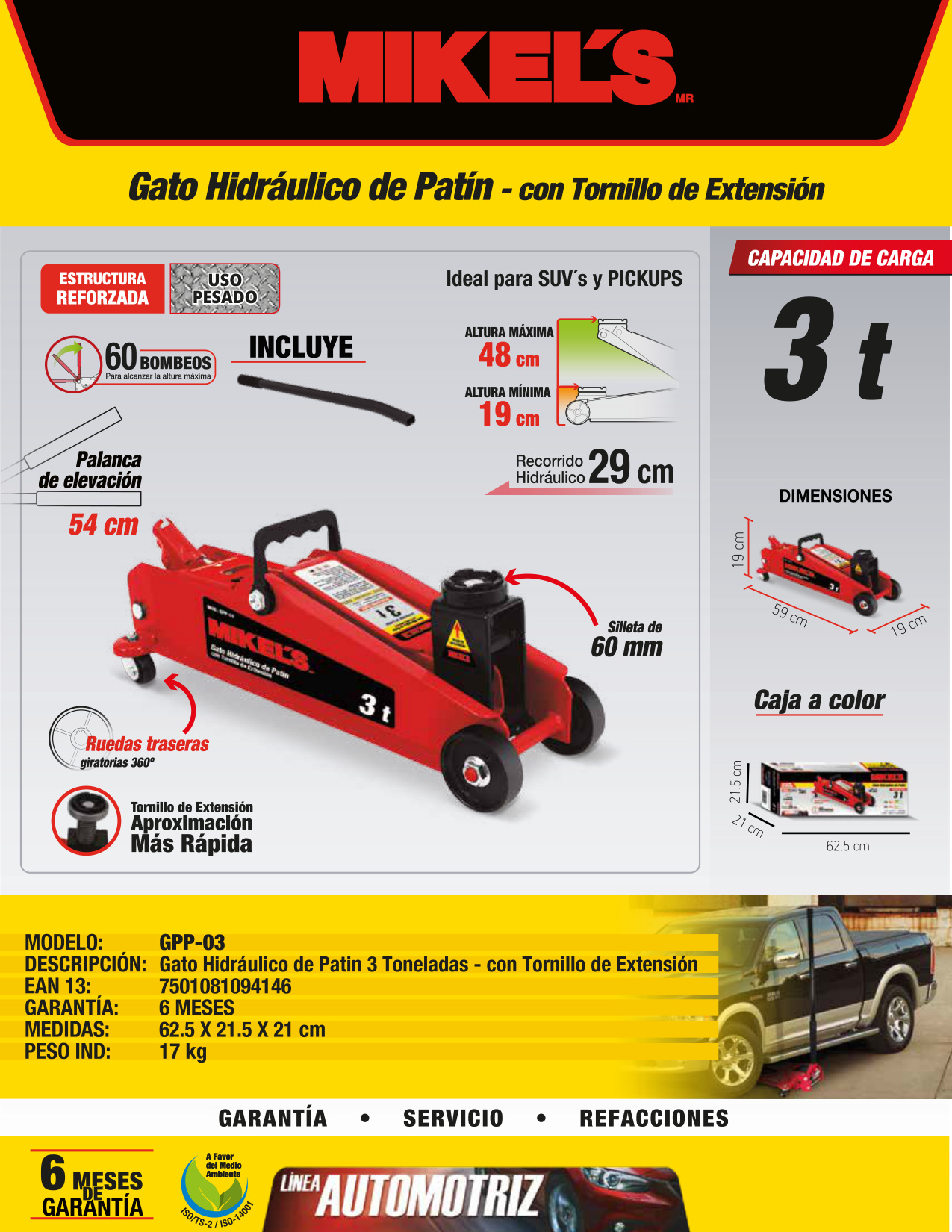 MIKELS GPP-03 Gato hidráulico de patín Premier para SUV, Pick Ups con tornillo de extensión (3 ton) - Imagen 4
