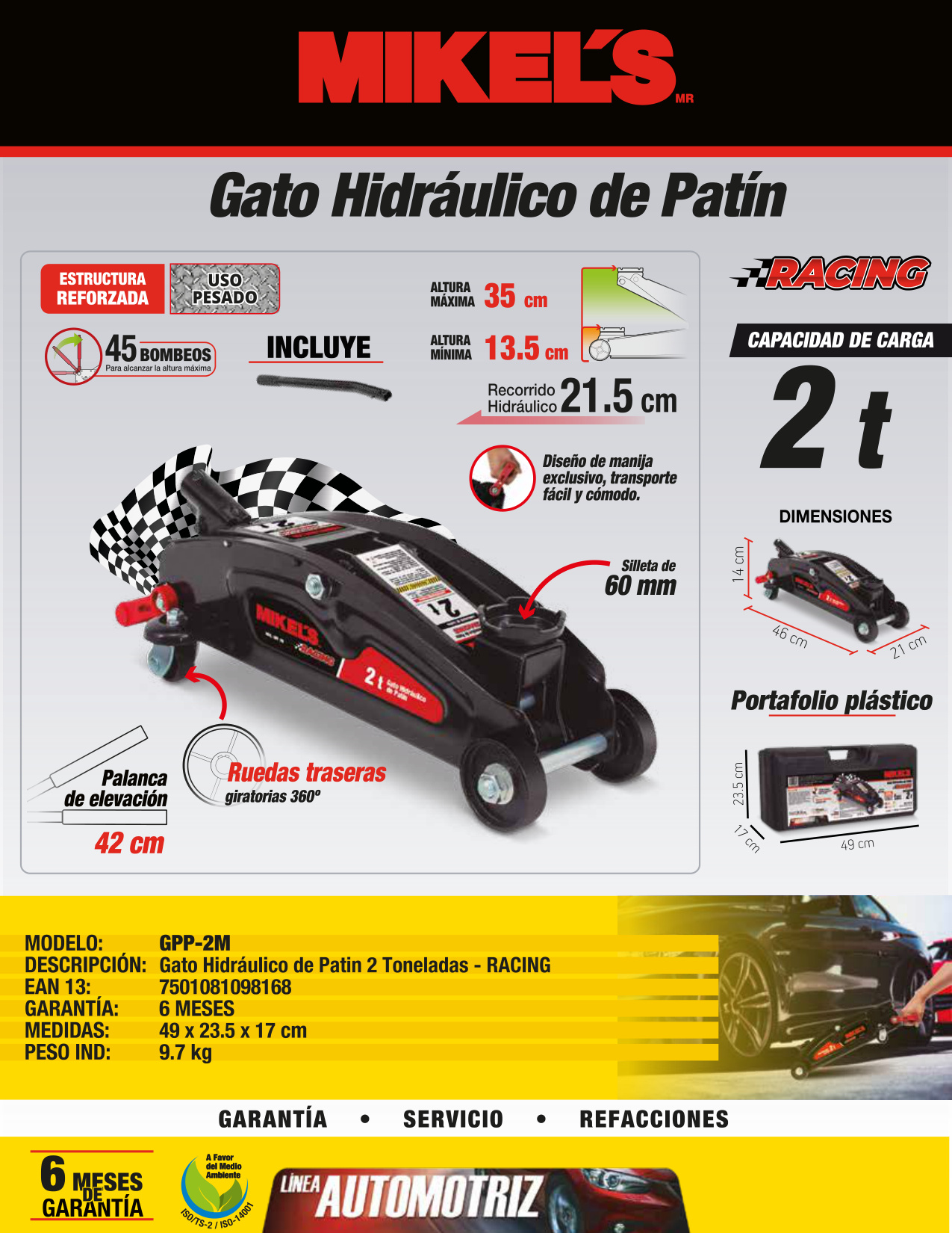 MIKELS GPP-2M Gato hidráulico de patín Racing (2 ton) - Imagen 4