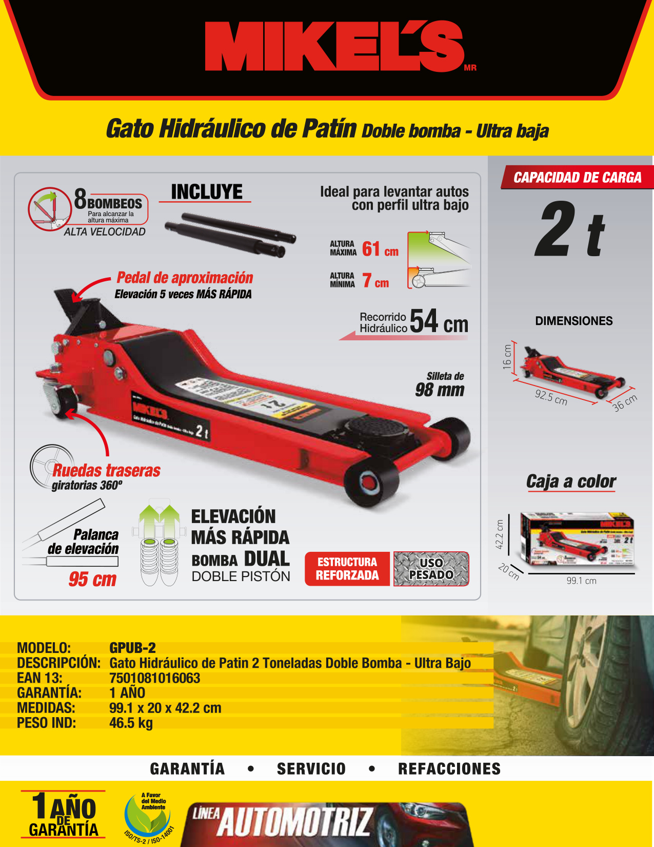 MIKELS GPUB-2 Gato hidráulico de patín Ultra Bajo (2 ton) - Imagen 4
