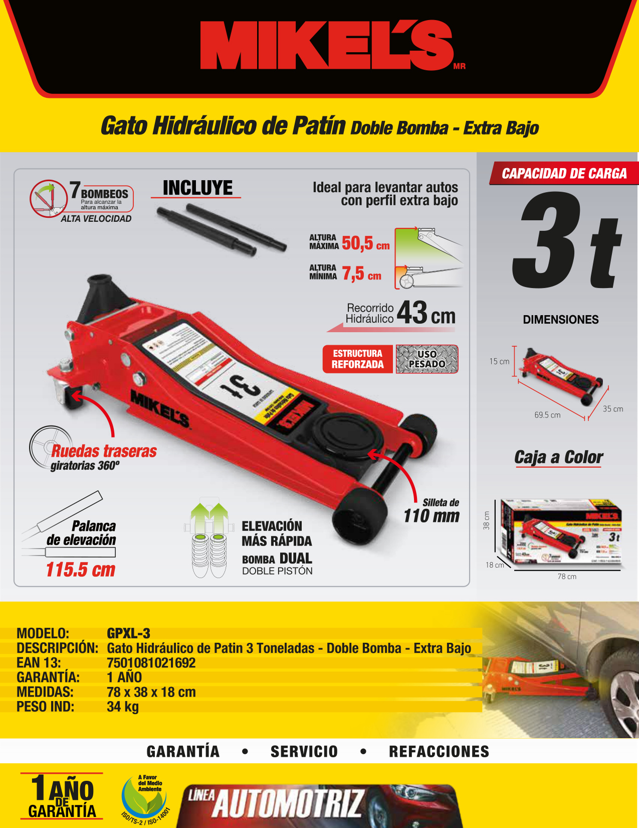 MIKELS GPXL-3 Gato hidráulico de patín Extra Bajo Servicio Pesado (3 ton) - Imagen 4