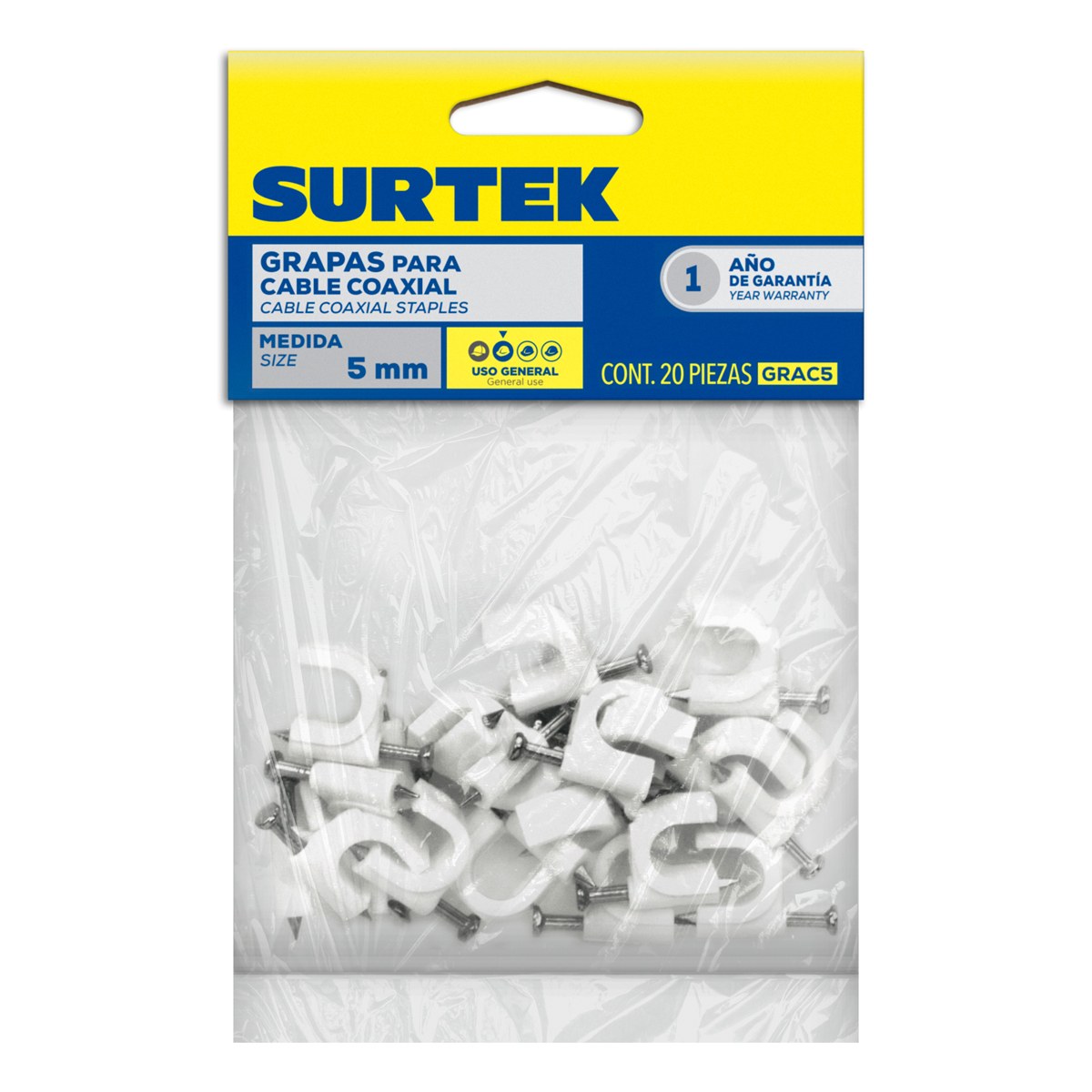 Grapa para cable coaxial 5 mm, color blanco, 20 piezas Surtek - Imagen 2