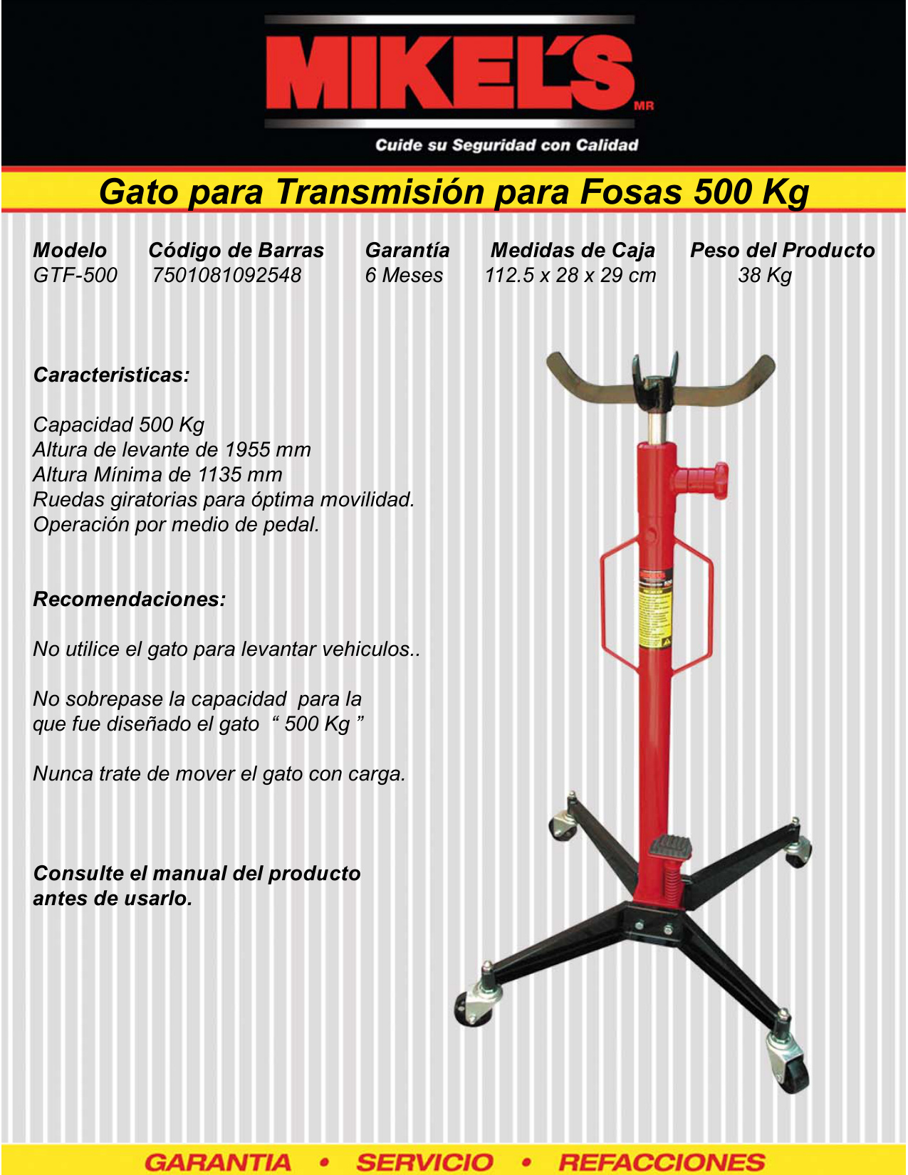 MIKELS GTF-500 Gato para transmisión  para fosas (500 kgs) - Imagen 4