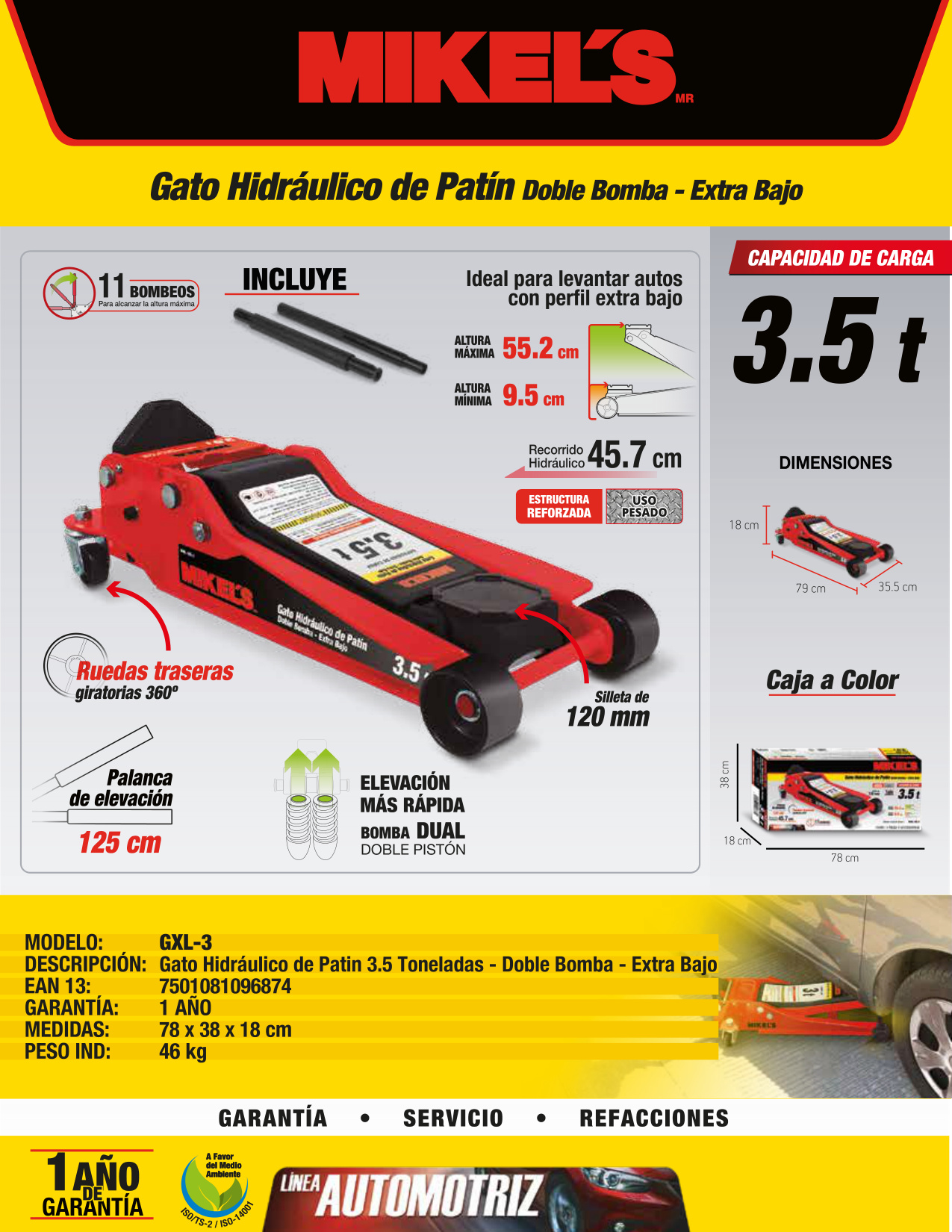 MIKELS GXL-3 Gato hidráulico de patín Extra Bajo Levante Rápido (3.5 ton) - Imagen 4