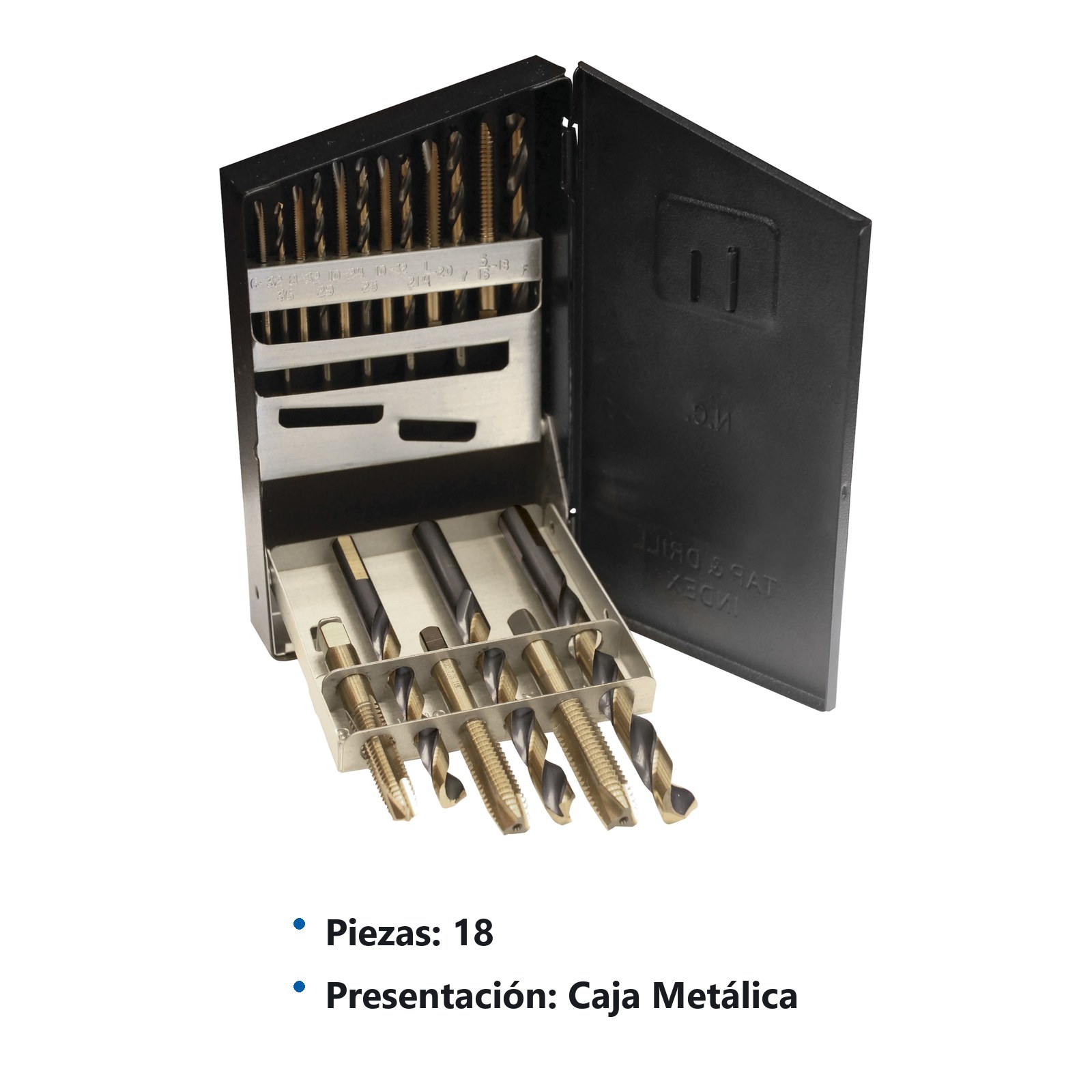 Juego de brocas premium y machuelos de acero de alta velocidad, 18 piezas en caja metálica Urrea - Imagen 2