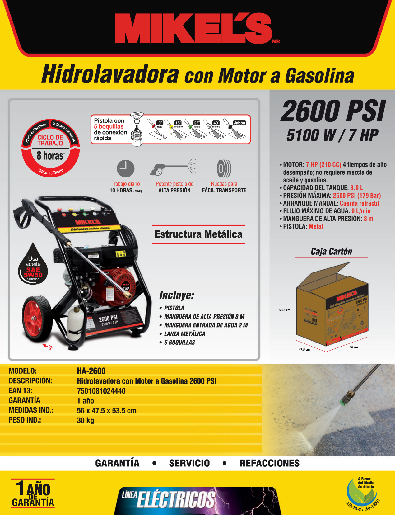 MIKELS HA-2600 Hidrolavadora de alta presión a gasolina motor 4 tiempos (2,600 PSI / 7 HP) - Imagen 4