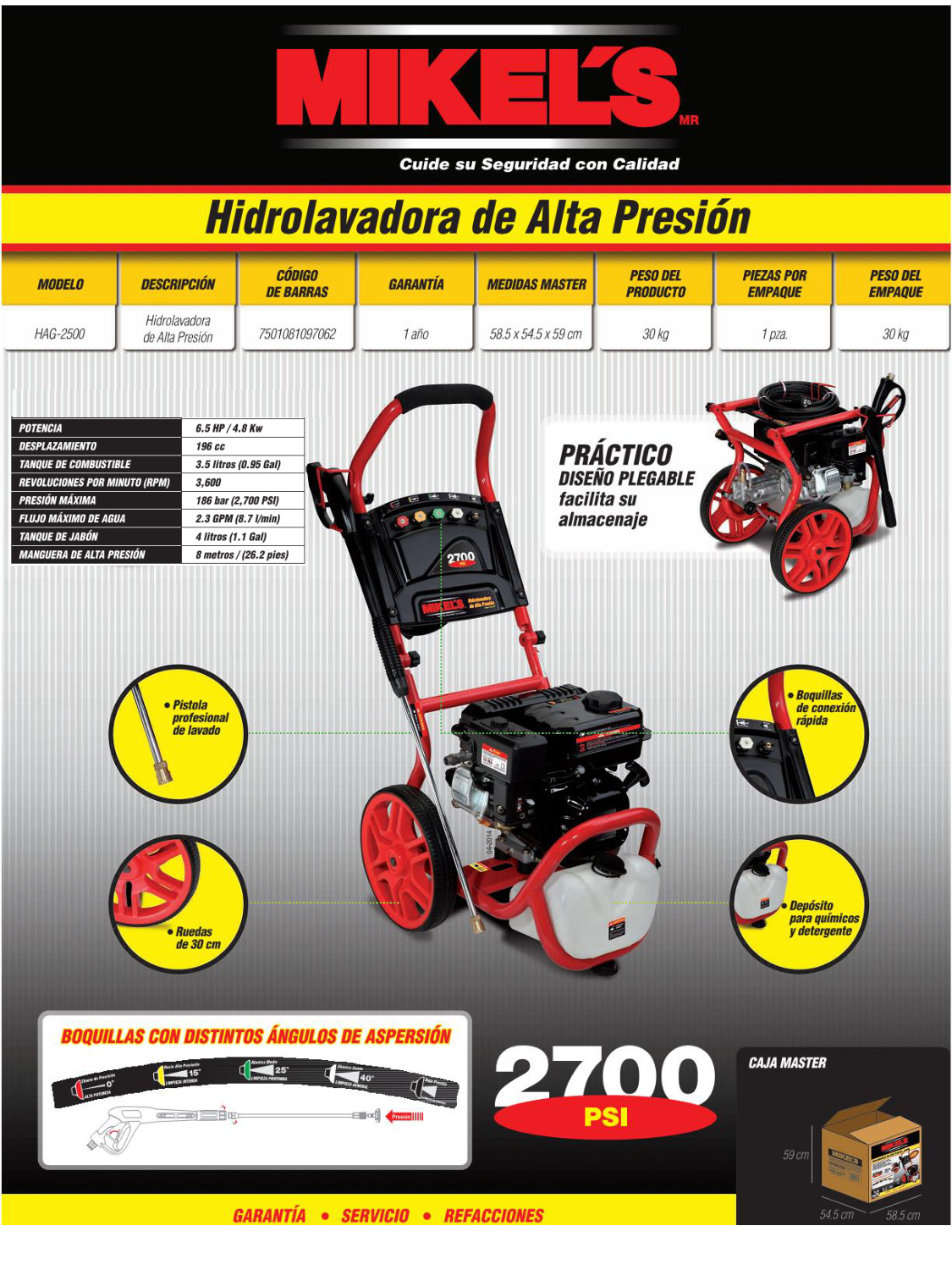 MIKELS HAG-2500 Hidrolavadora de alta presión a gasolina motor 4 tiempos (2,700 PSI / 6.5 HP) - Imagen 4
