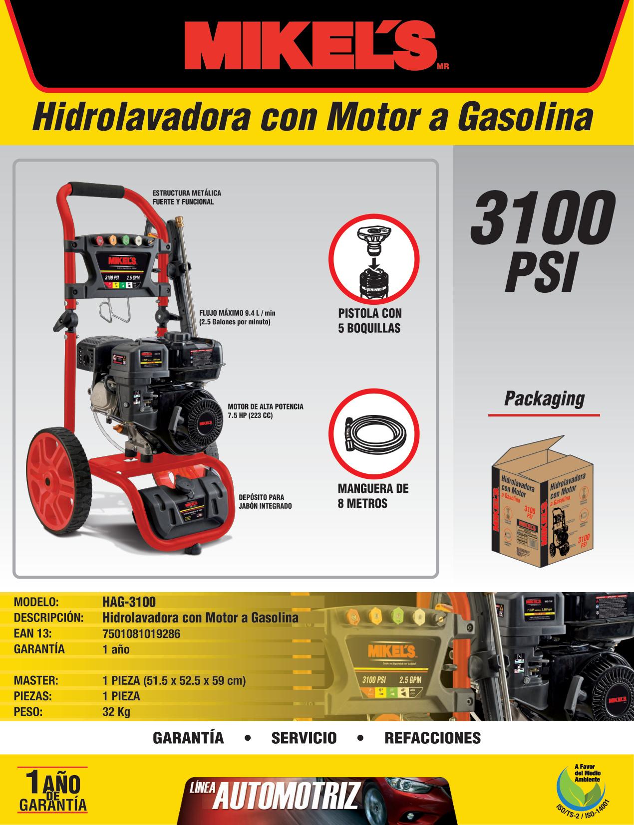 MIKELS HAG-3100 Hidrolavadora de alta presión a gasolina motor 4 tiempos (Briggs & Stratton ®) (3,400 PSI / 7.5 HP) - Imagen 4