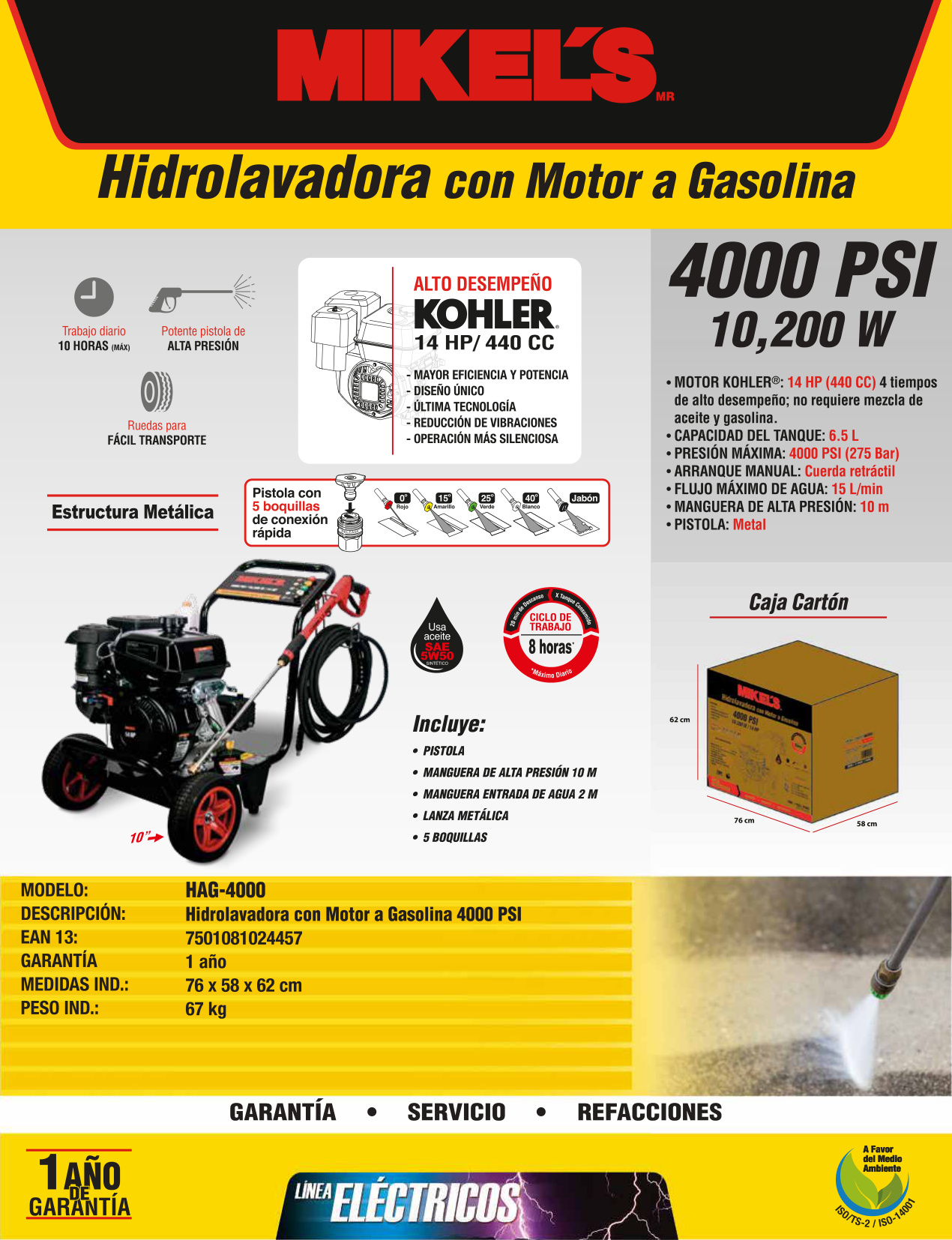 MIKELS HAG-4000 Hidrolavadora de alta presión a gasolina motor 4 tiempos (Kohler ®) (4,000 PSI / 14 HP) - Imagen 4