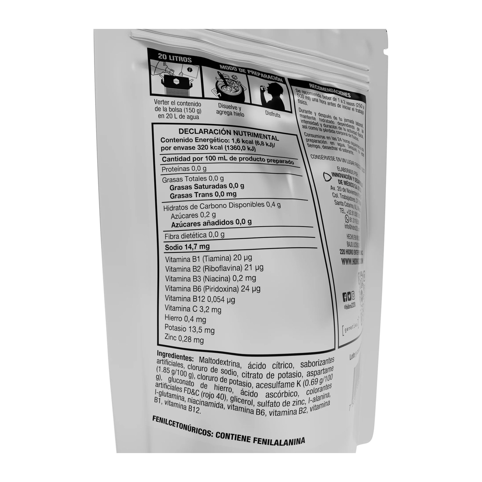 SOBRE INDIVIDUAL 150g PARA 20L SABOR MANDARINA HIDRO220 - Imagen 2