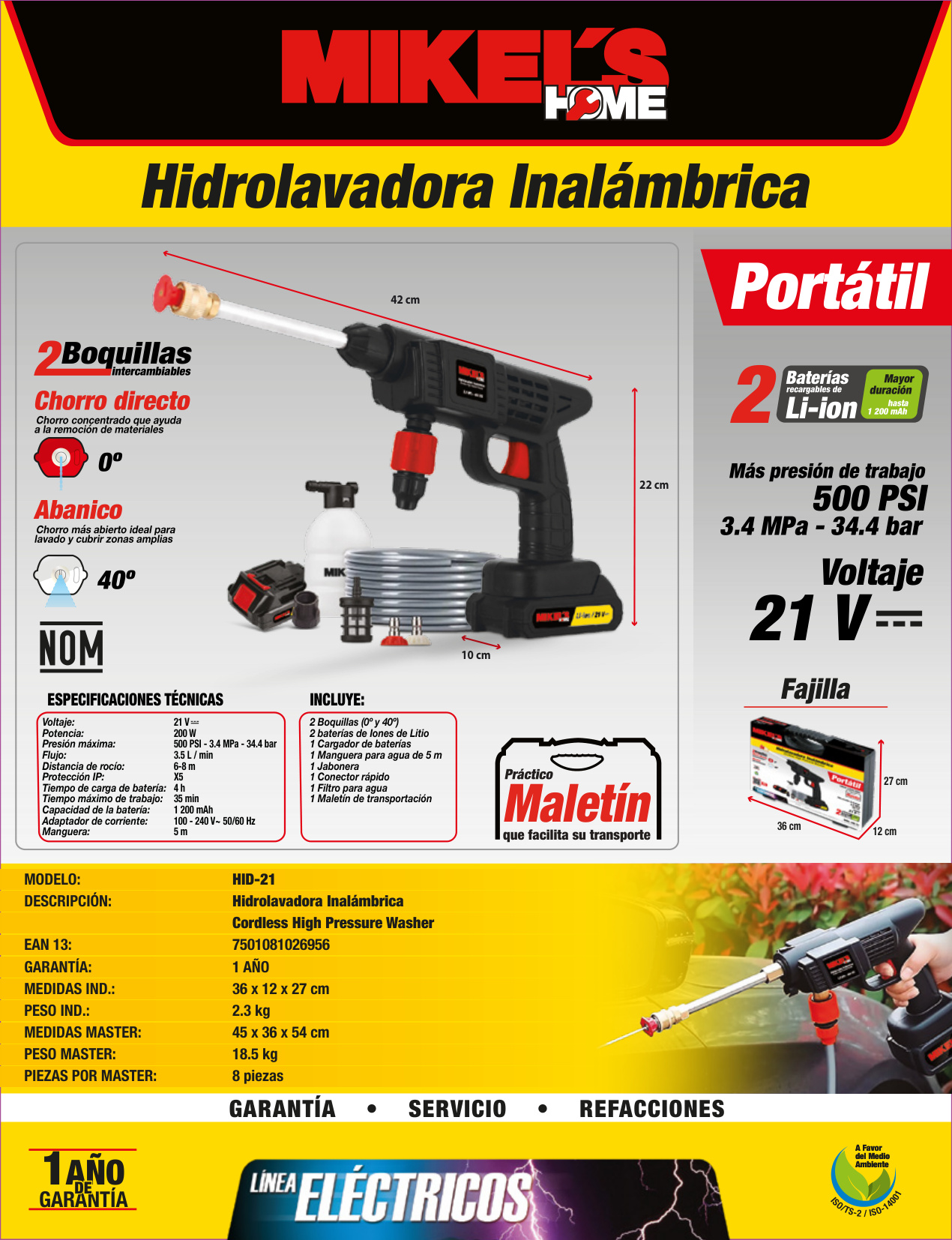 MIKELS HID-21 Hidrolavadora inalámbrica (21 v, 435 PSI) - Imagen 4