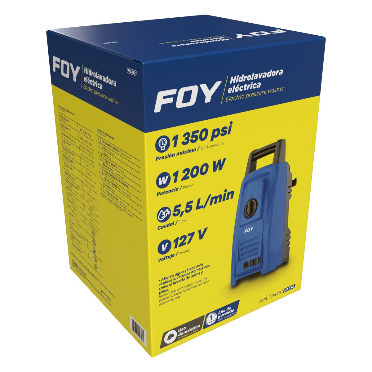 Hidrolavadora eléctrica 1200 W 127 V 1350 PSI, 5.5 Lt por minuto Foy - Imagen 2