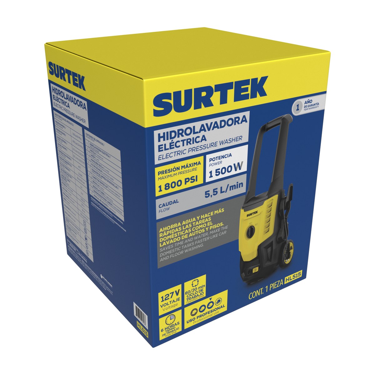 Hidrolavadora eléctrica 1500 W 127 V 1800 PSI, 5.5 Lt por minuto flujo máximo Surtek - Imagen 2