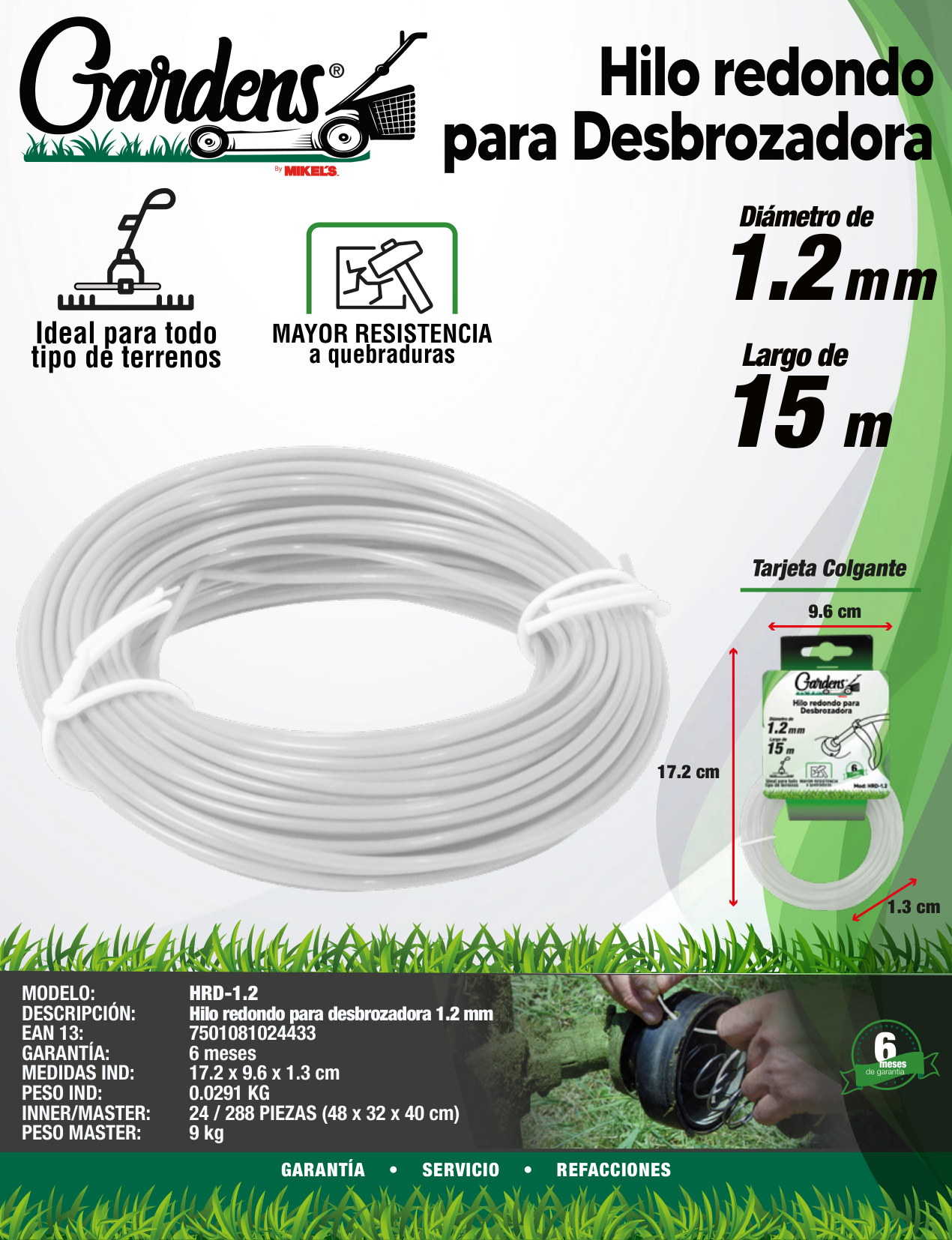 GARDENS HRD-1.2 Hilos Redondo Para Desbrozadora (1.2 mm x 15 mts) - Imagen 2
