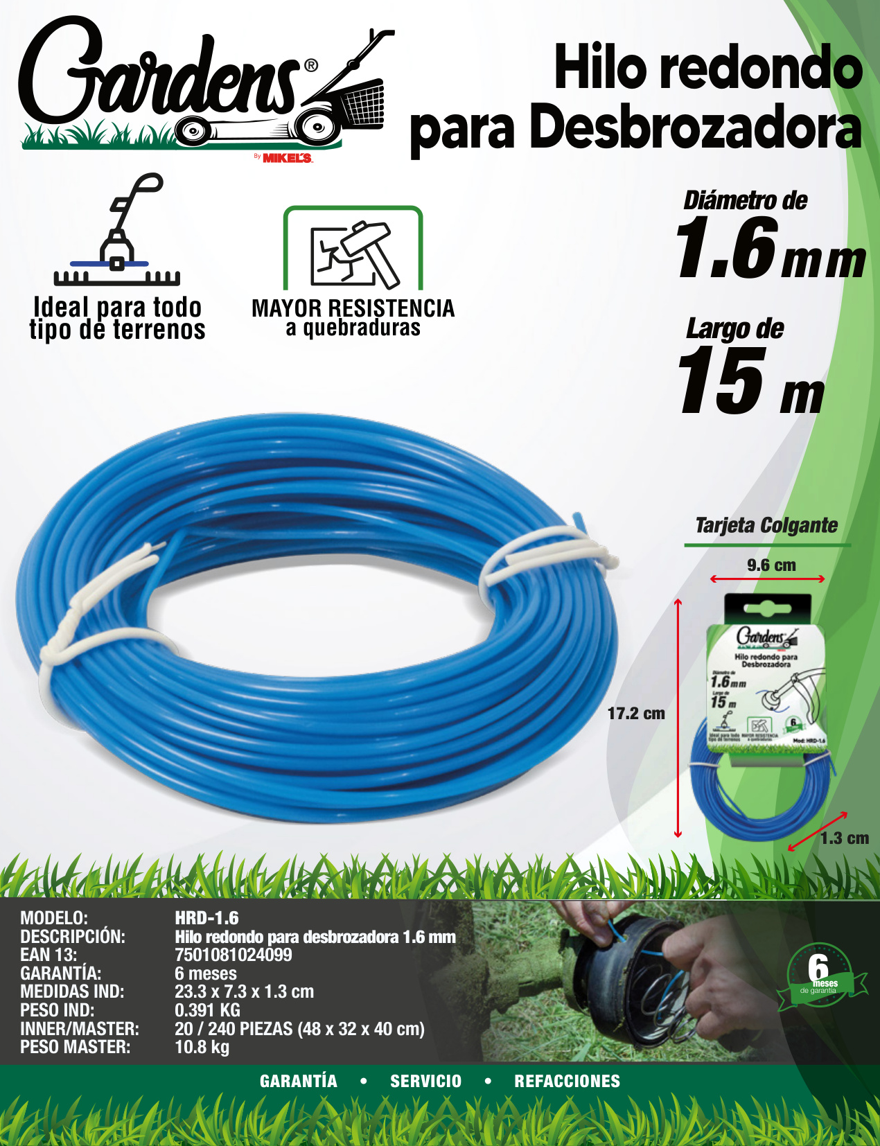GARDENS HRD-1.6 Hilos Redondo Para Desbrozadora (1.6 mm x 15 mts) - Imagen 4