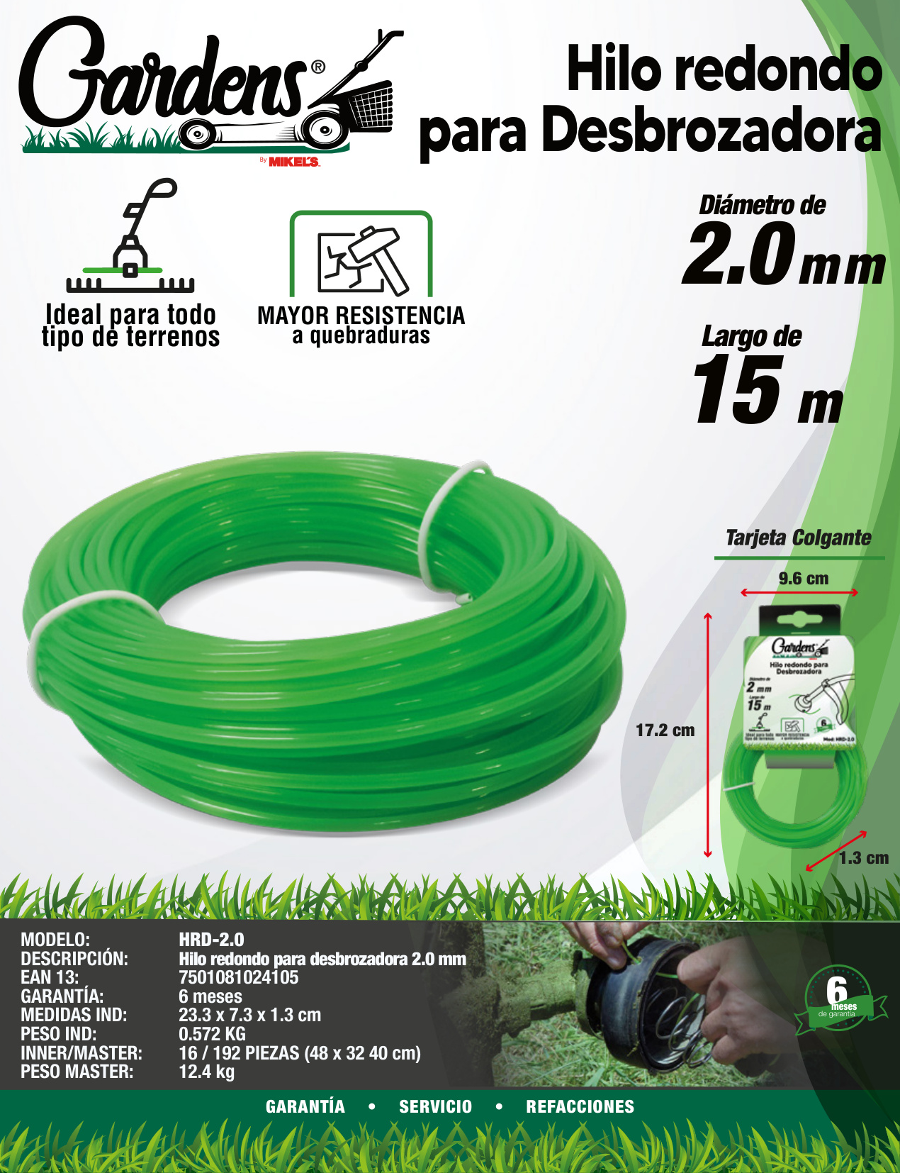 GARDENS HRD-2.0 Hilos Redondo Para Desbrozadora (2.0 mm x 15 mts) - Imagen 4