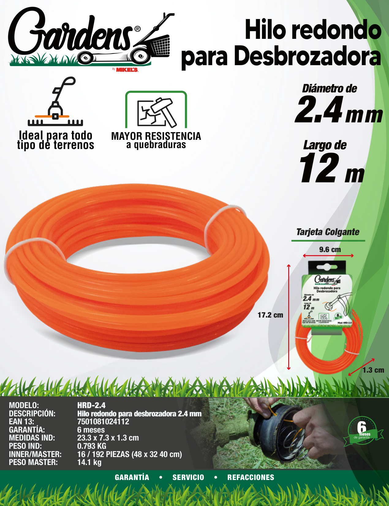 GARDENS HRD-2.4 Hilos Redondo Para Desbrozadora (2.4 mm x 12 mts) - Imagen 4