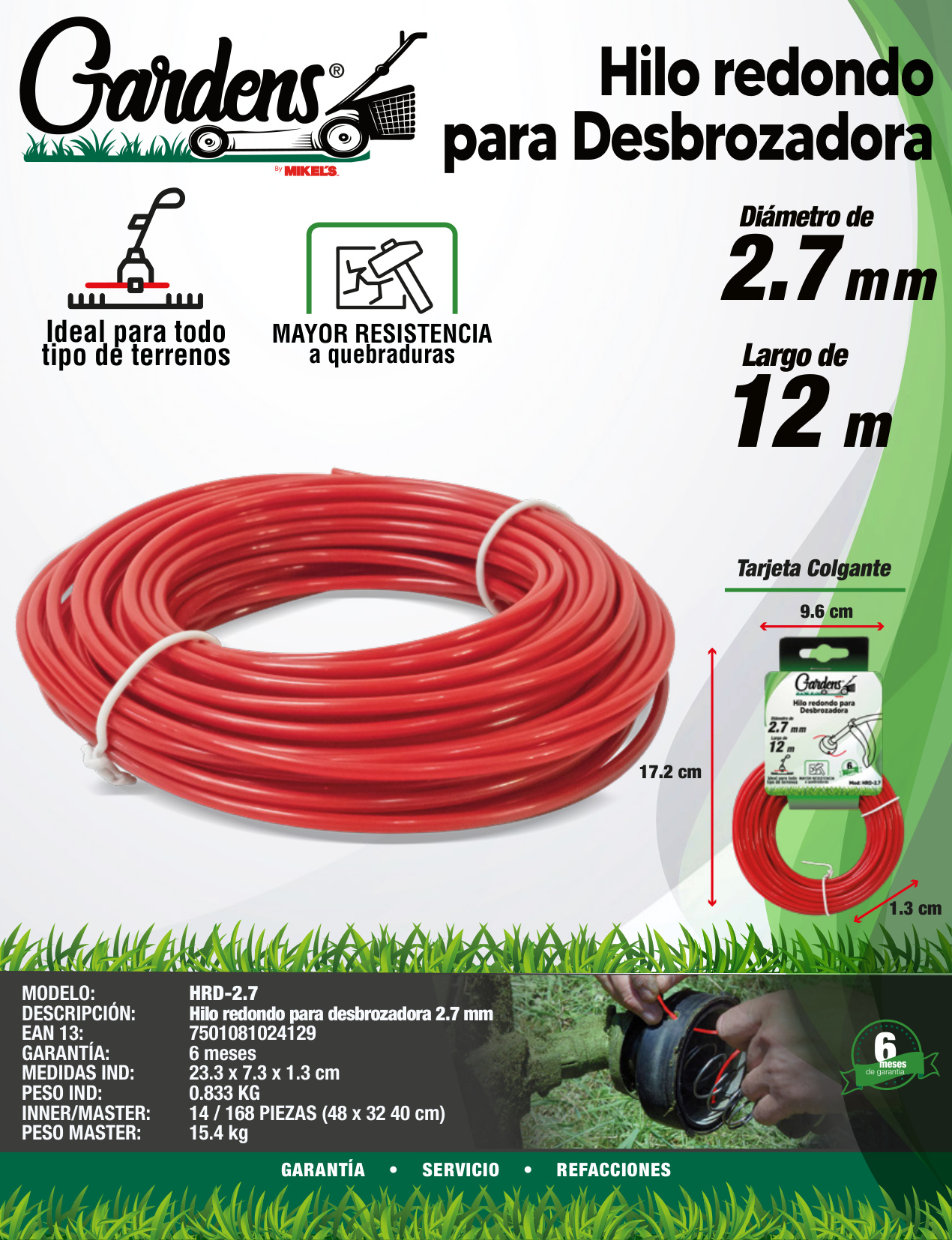 GARDENS HRD-2.7 Hilos Redondo Para Desbrozadora (2.7 mm x 12 mts) - Imagen 4