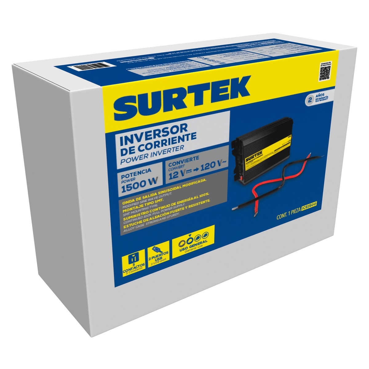 Inversor de corriente 12 V DC - 120 V AC, 1500 W Surtek - Imagen 2
