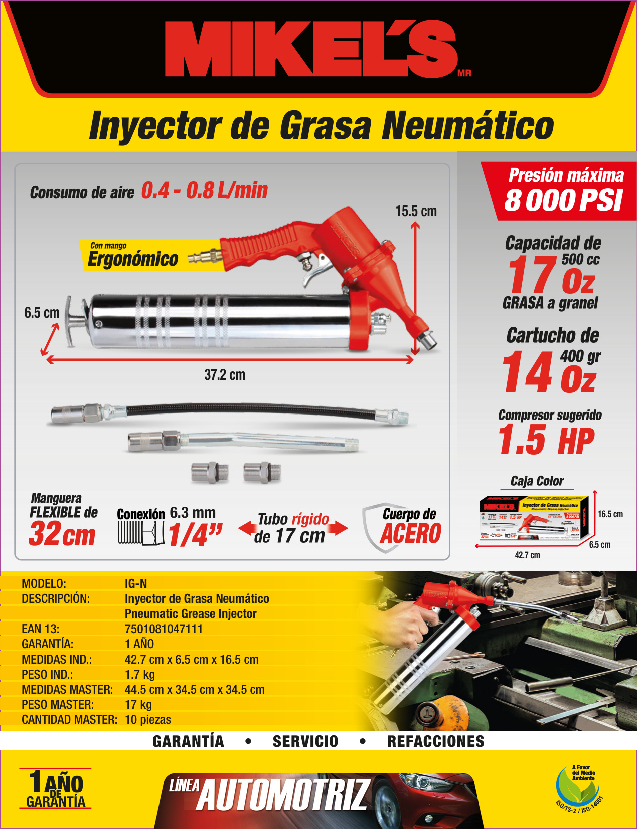 MIKELS IG-N Inyector de grasa neumático (4.800 PSI, 500 c.c.) - Imagen 4
