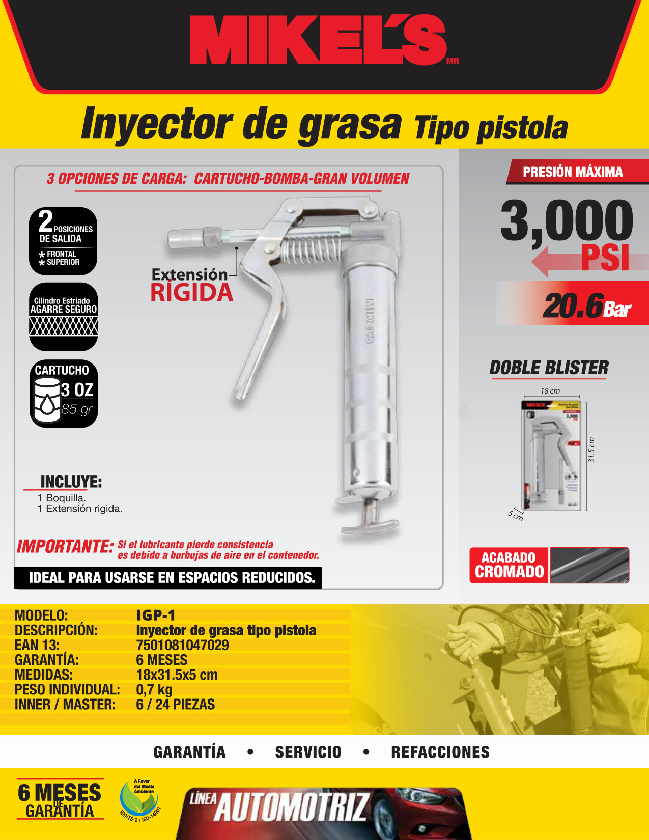 MIKELS IGP-1 Inyector de grasa tipo pistola, tubo rígido (4500 PSI, 120 c.c.) - Imagen 4