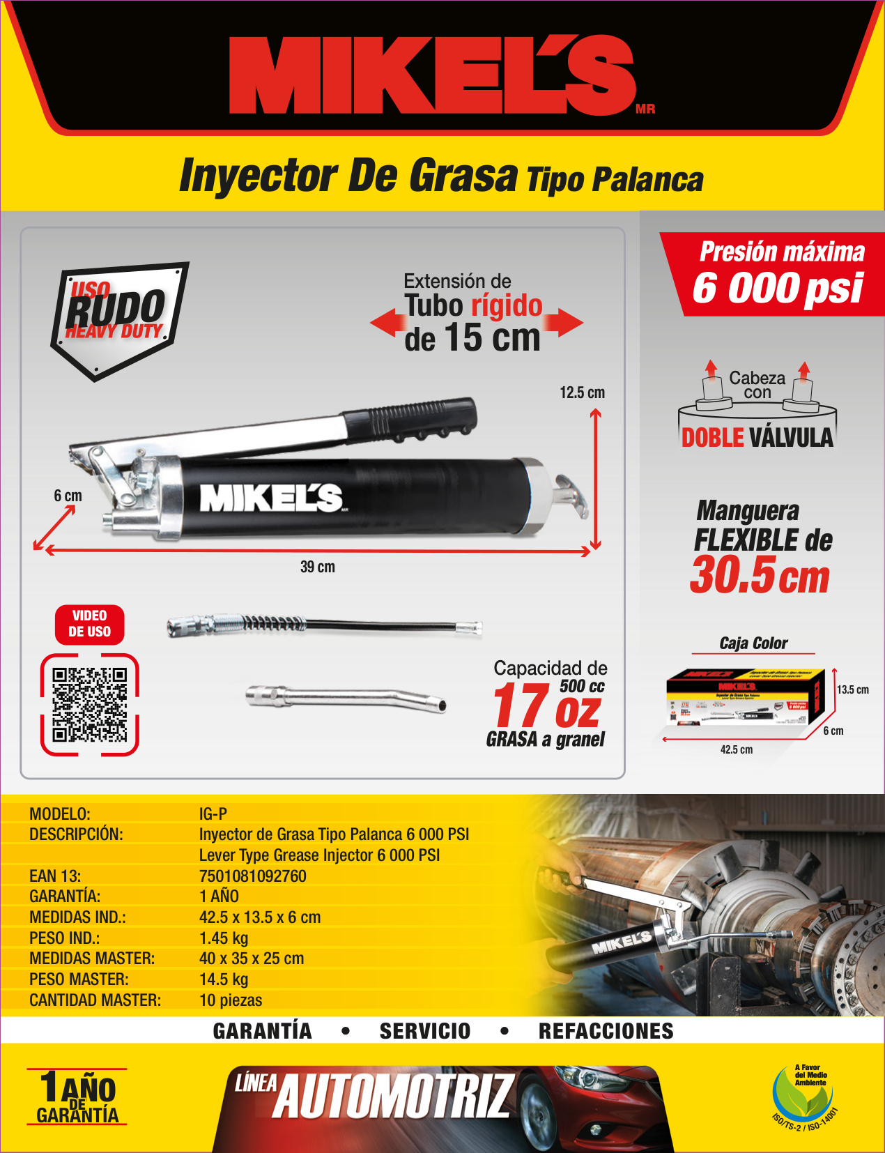 MIKELS IGP-2 Inyector de grasa tipo pistola (8,000 PSI) - Imagen 4