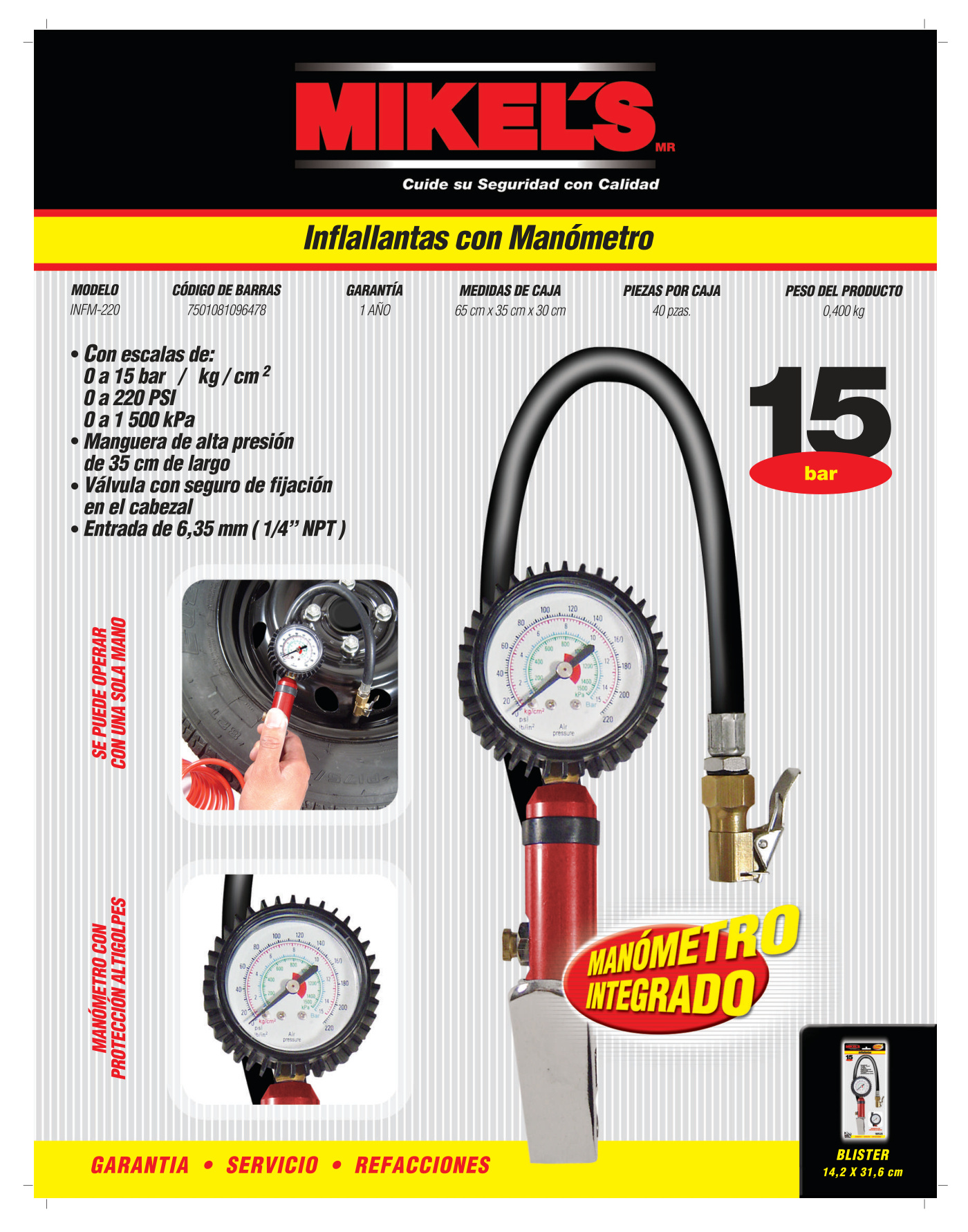 MIKELS INFM-220 Inflallantas con manómetro (217 PSI) - Imagen 4