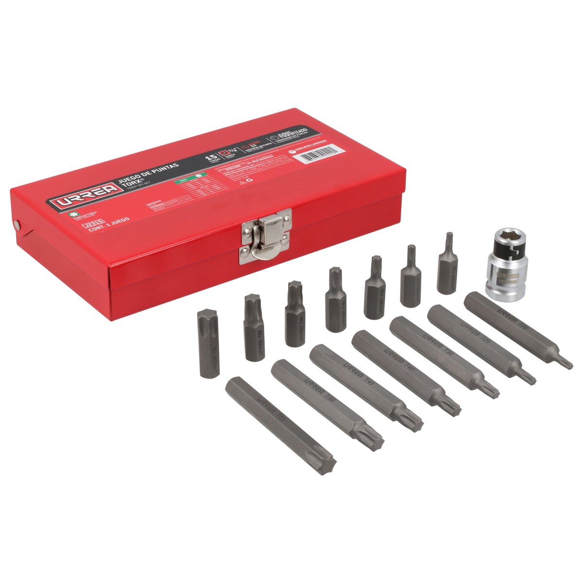 Juego de puntas Torx hexágono de 3/8" con adaptador, 15 piezas en caja metalica Urrea - Imagen 2