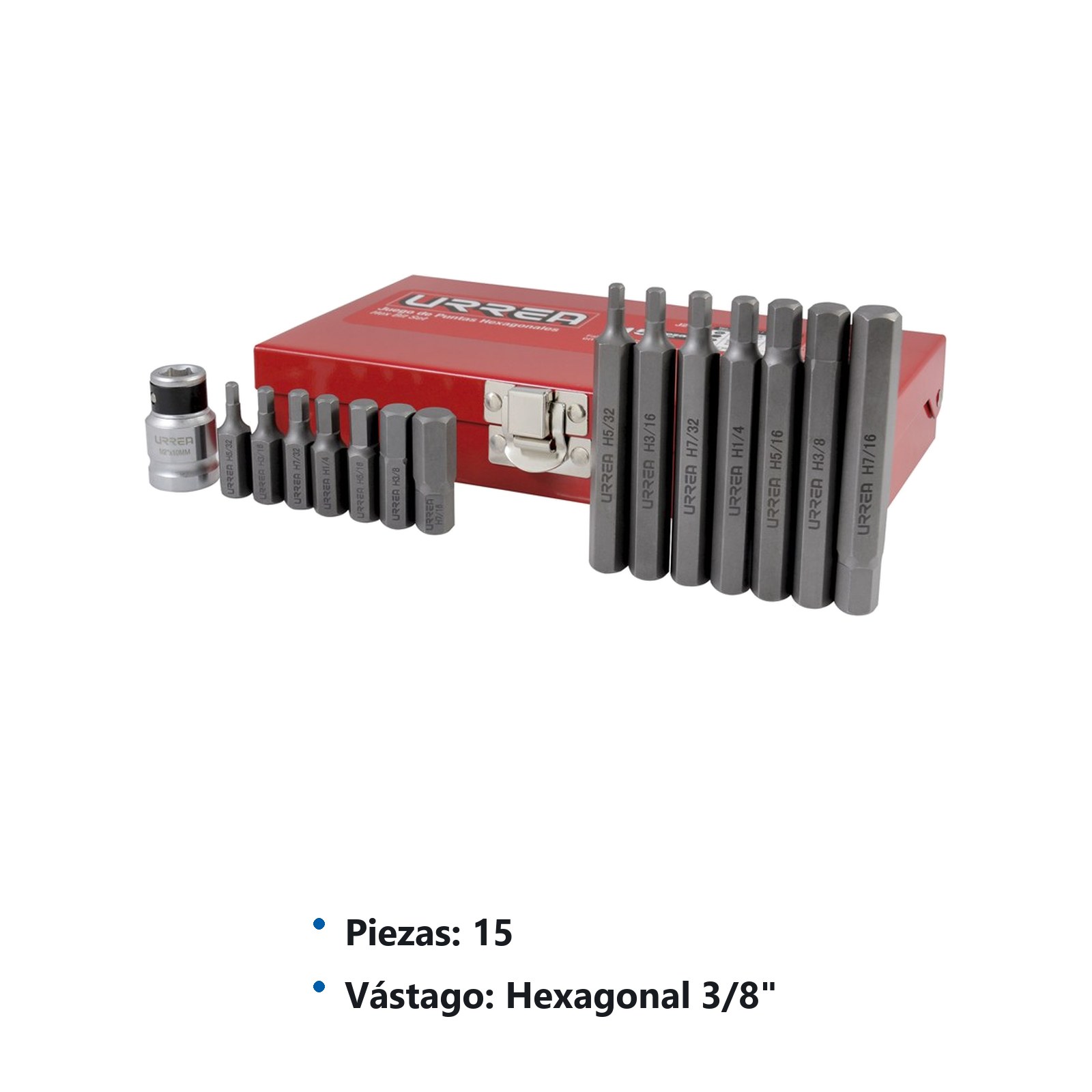 Juego de puntas hexagonales hexágono de 3/8" in, con adaptador, 15 pz en caja metalica Urrea - Imagen 2